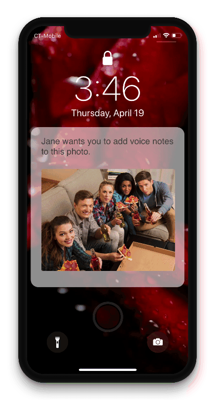 Ann gets a notification and records her voice on her phone's lock screen.