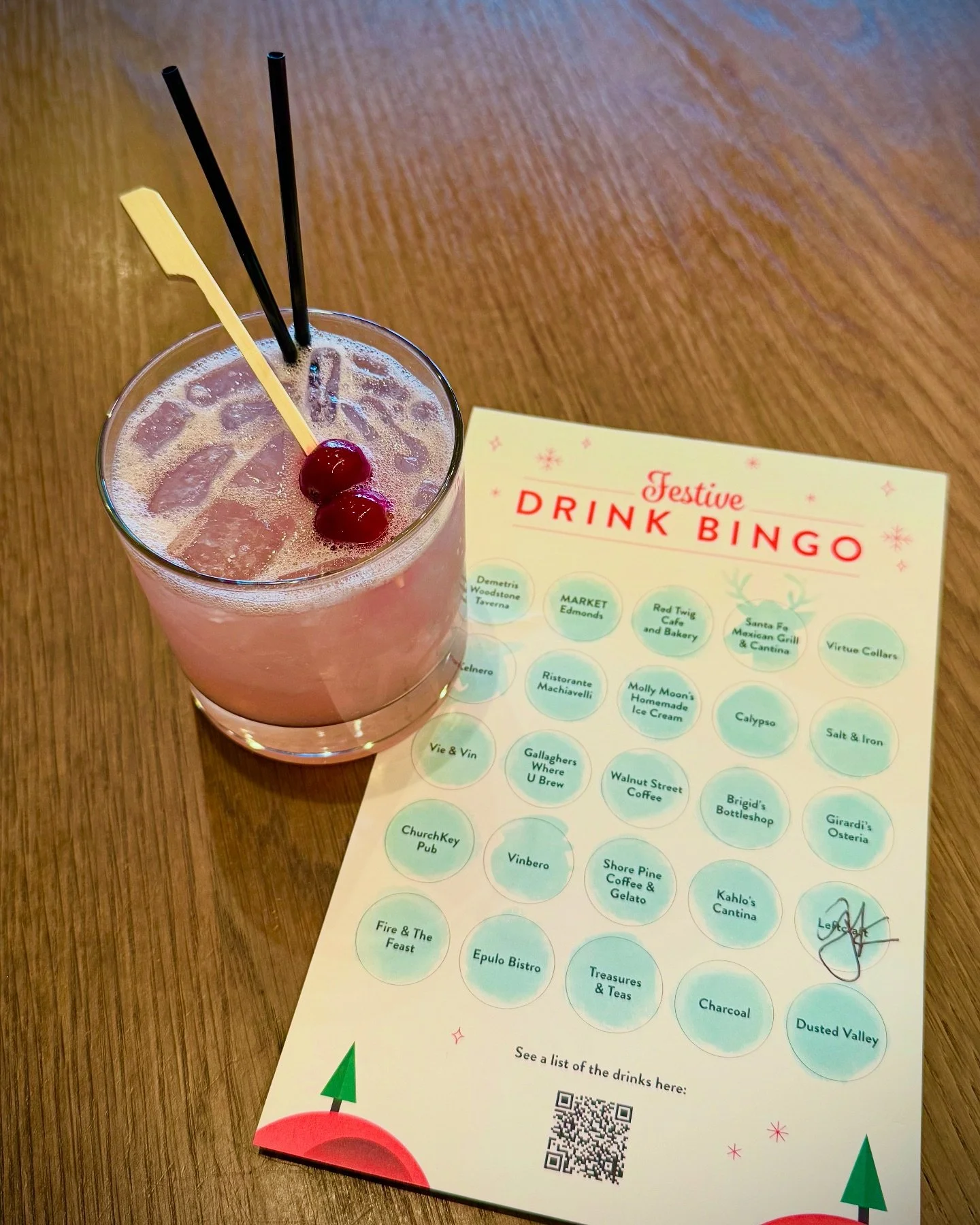 Festive Drink Bingo is back for the fifth year! Play today through Dec 31st at 25 locations around Downtown Edmonds. 

Just grab a bingo card at participating spots, purchase the  featured drink (non-alcoholic versions available) and get your stamp. 