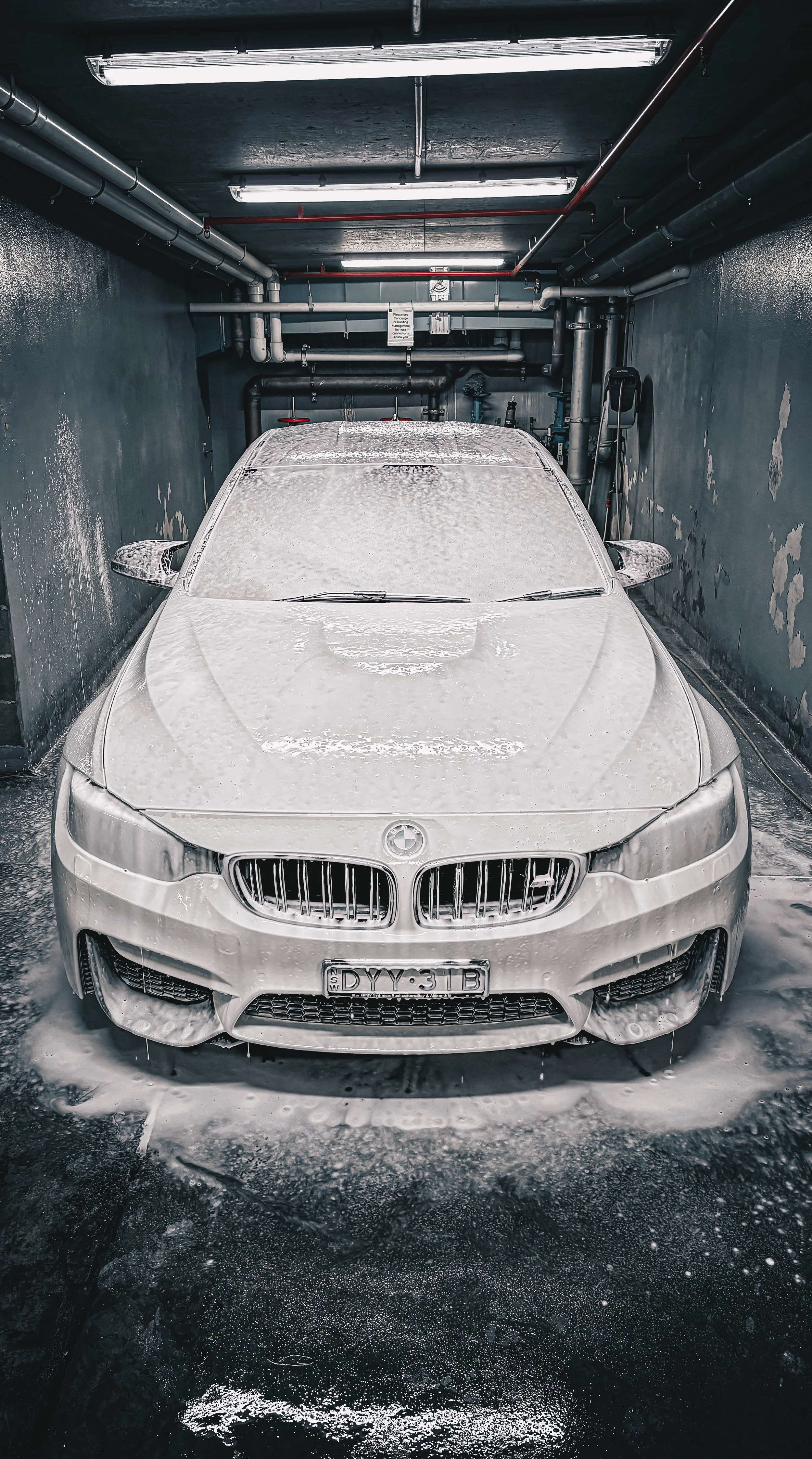 shibbi car detail pre soak snow foam on white BMW M3 in pyrmont sydney