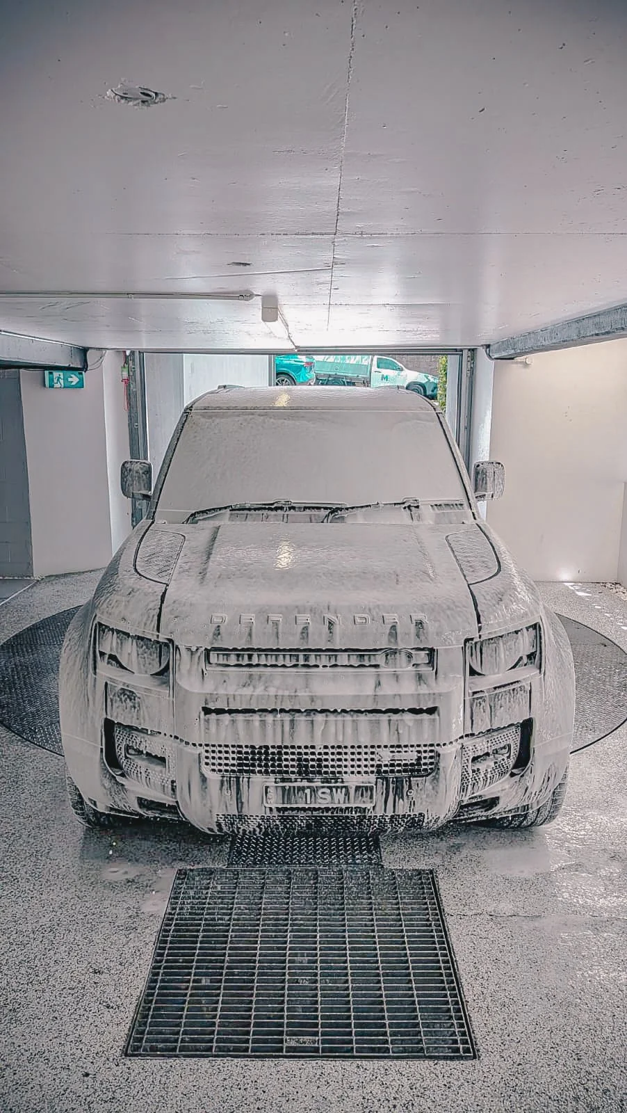 Foamed up Land Rover defender being detailed in Rose Bay, offering mobile car detailing across Double Bay, Vaucluse, Bondi, and all Eastern Suburbs Sydney.