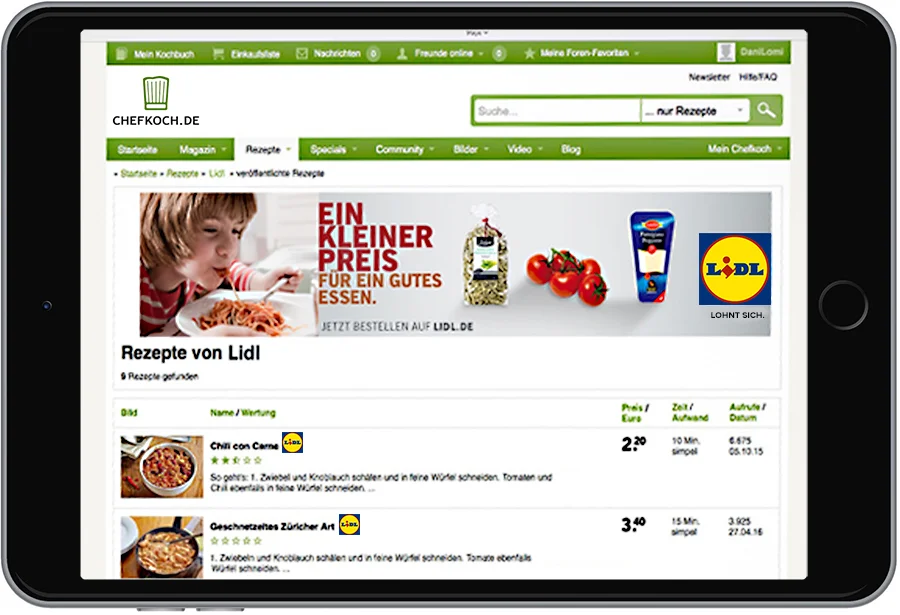 Lidl auf Chefkoch: Auf chefkoch.de führen wir eine neue Rezeptkategorie ein: tolle Gerichte für kleines Geld. Mit Zutaten von Lidl. Ein Warenkorb, der neben jeder Zutat abgebildet ist, verlinkt direkt zu lidl.de