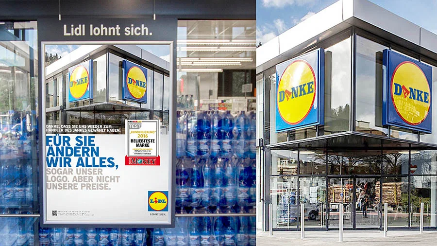Danke-Logo: Lidl ändert für seine Kunden das Logo. Wahnsinn? Nicht für Lidl. Eher ein kleiner Preis dafür, sich prominent bei allen Kunden zu bedanken: für die Wahl zum Händler des Jahres.