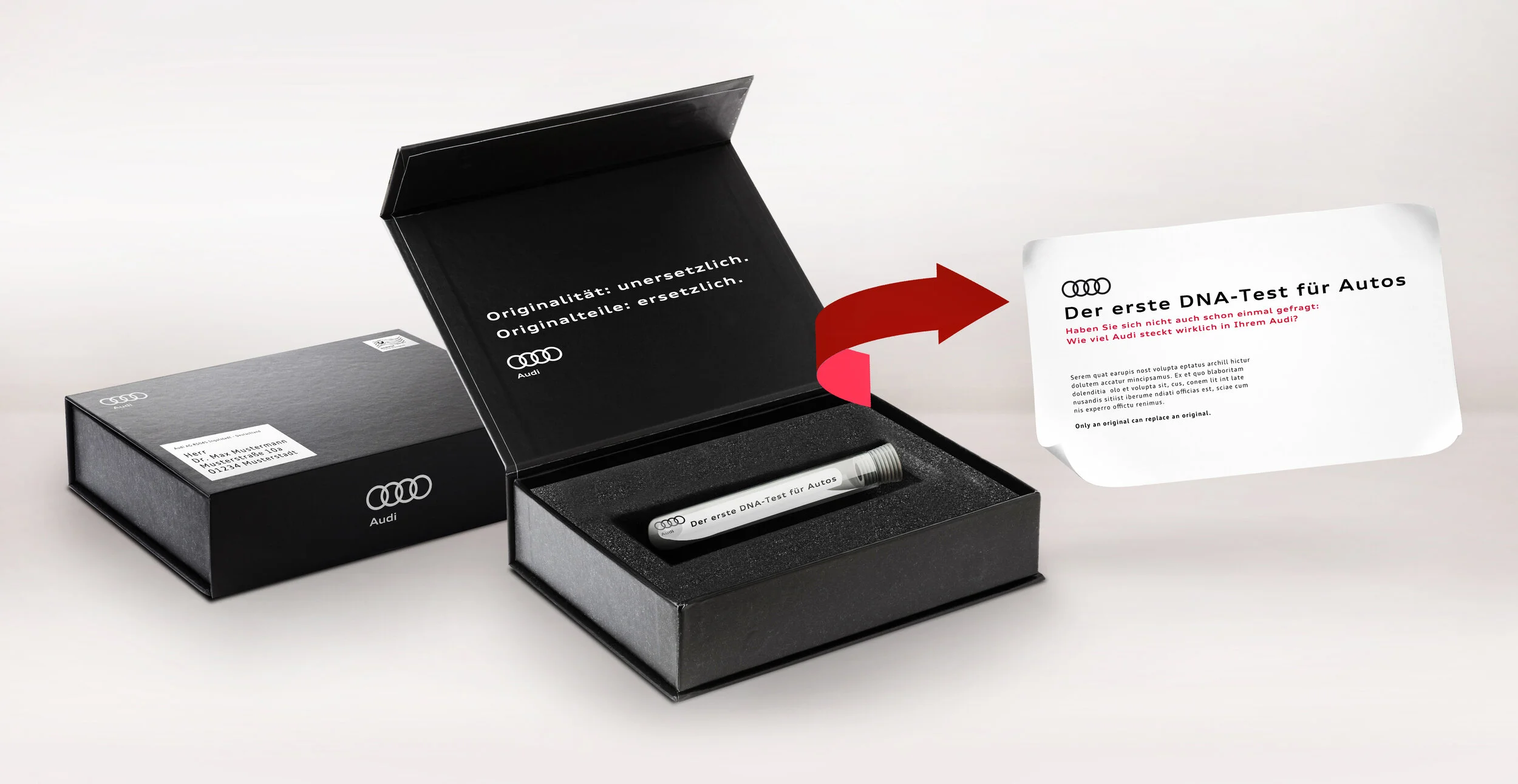 In einem Mailing machen wir Audi Besitzer darauf aufmerksam, dass ein Audi nur mit Audi Originalteilen ein Original bleibt und laden sie zum ersten DNA-Test für Autos in eine Audi Werkstatt ein.
