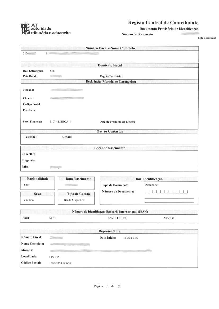 BORDR NIF & Bank acc. in PT 