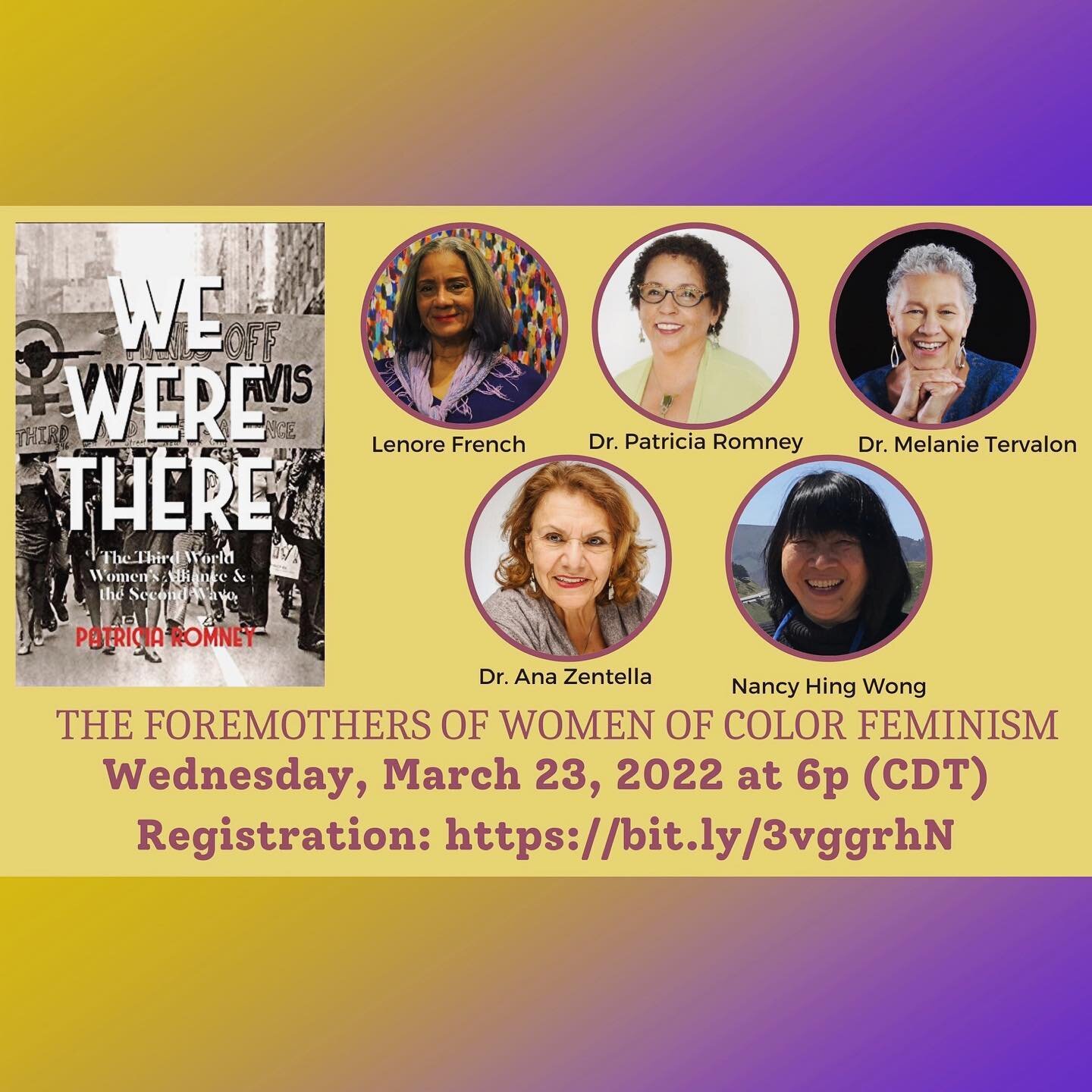 Join former members of the Third World Womens&rsquo; Alliance for a roundtable conversation on Wednesday, March 23 at 7 pm et / 6 pm et on &quot;The Foremothers of Women of Color Feminism.&quot; ✨✨💜💜

Register:&nbsp;https://bit.ly/3vggrhN&nbsp;&nbs