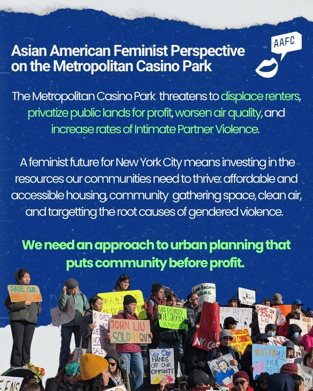 📣 Recently, hundreds of Flushing, Queens residents and allies have been rallying to oppose the development of an $8 billion casino proposal at Flushing Meadows Corona Park that state officials are set to vote on in the coming weeks. The proposed pla