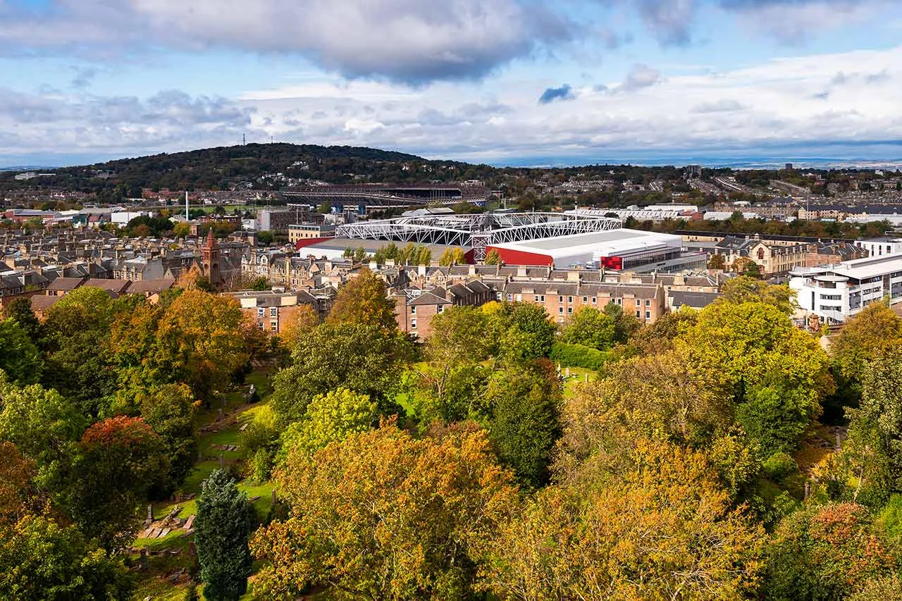 Tynecastle and Murrayfield stadiums with trees, 12 x8 print
