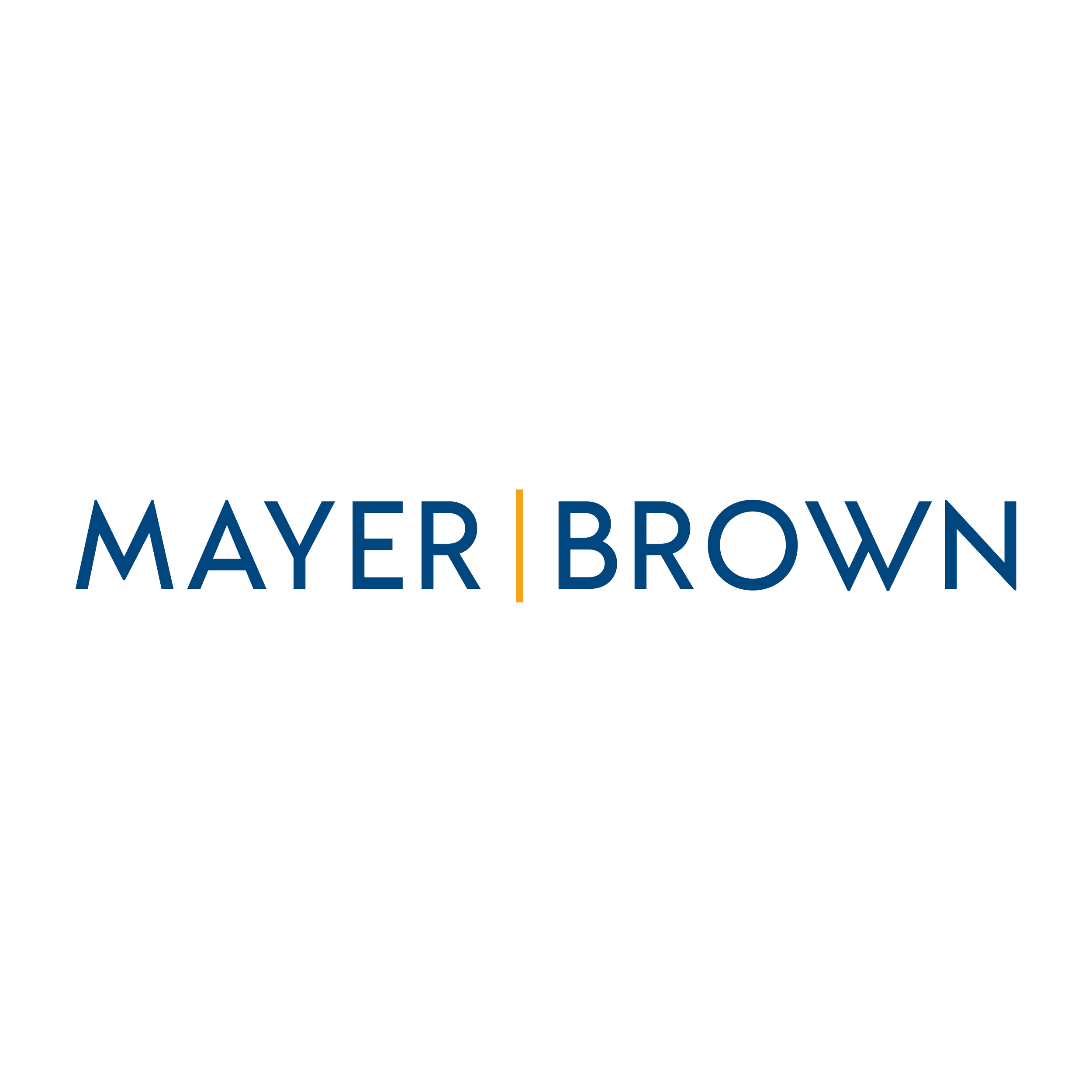 Mayer Brown logo with the words Mayer and Brown separated by a vertical orange line, set against a black background.