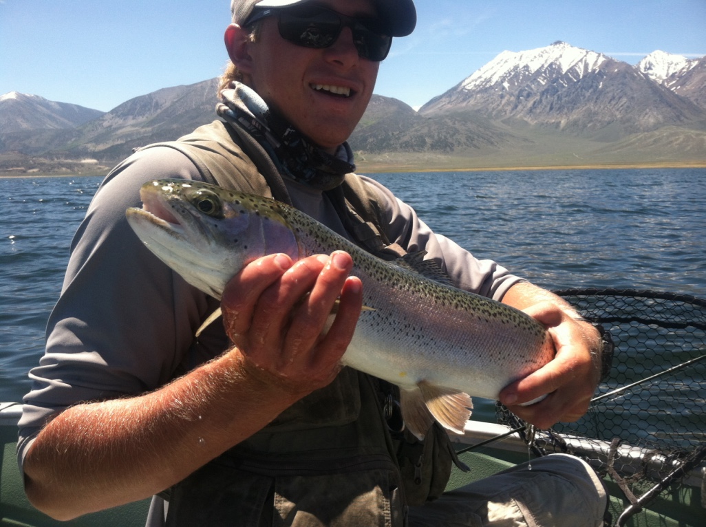 Wyoming fishing guide Ardie Wagoner holds a trophy rainbow trout he landed in McGee Bay while midge fishing in late May.