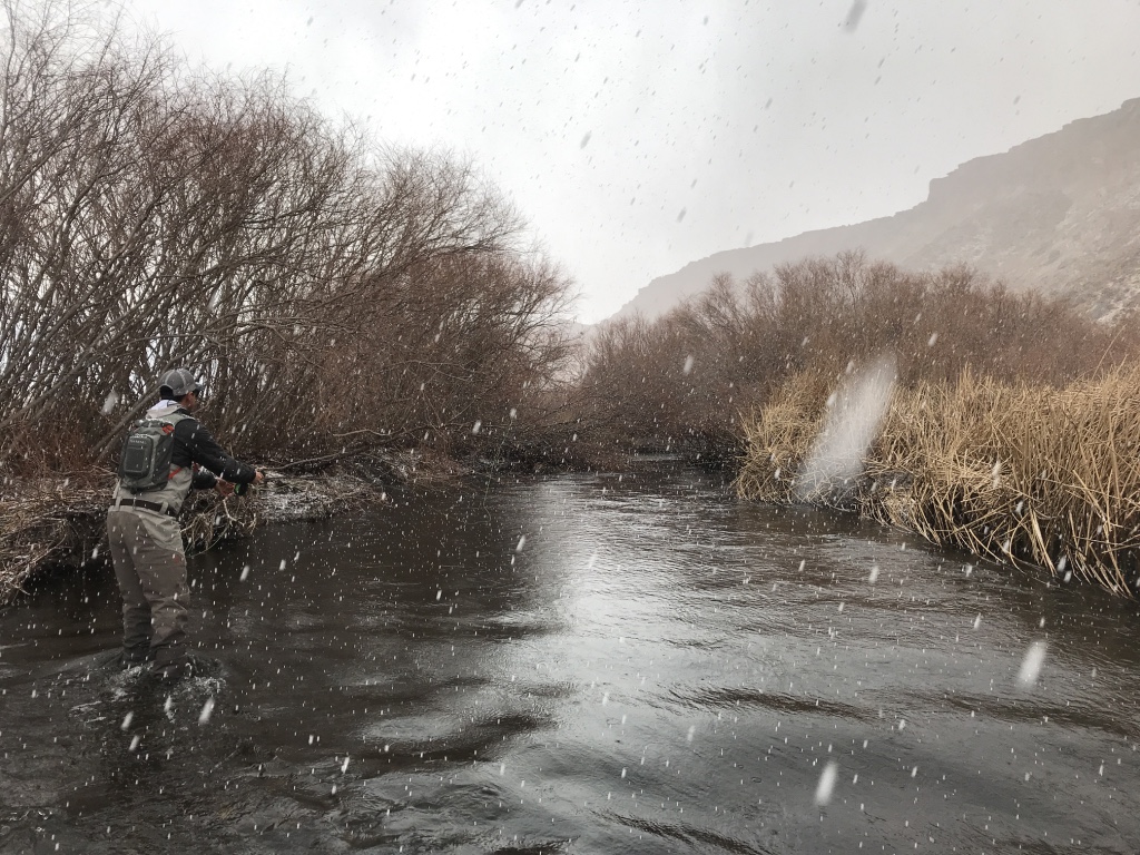Though rare, there are a few days every winter where you can fish in the snow on the lower Owens River.