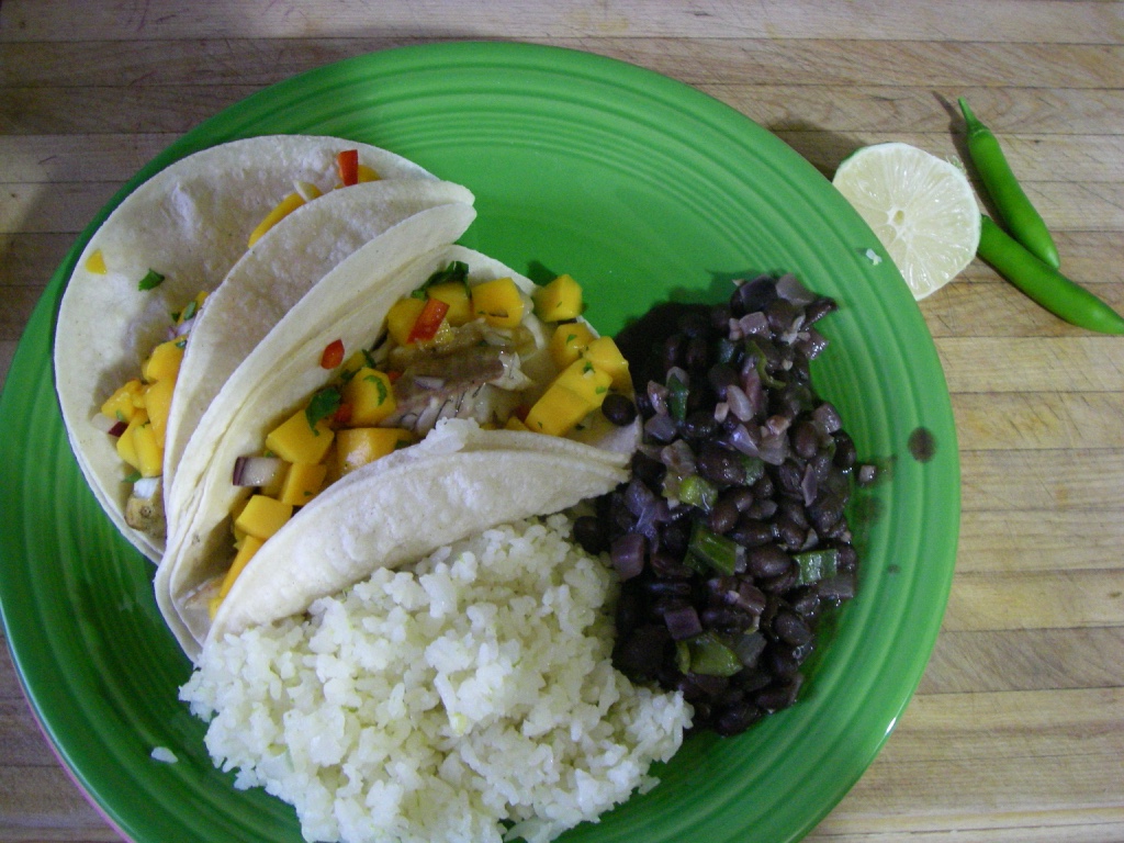 Marinated grilled Sacramento perch fillets make great fish tacos with mango salsa.