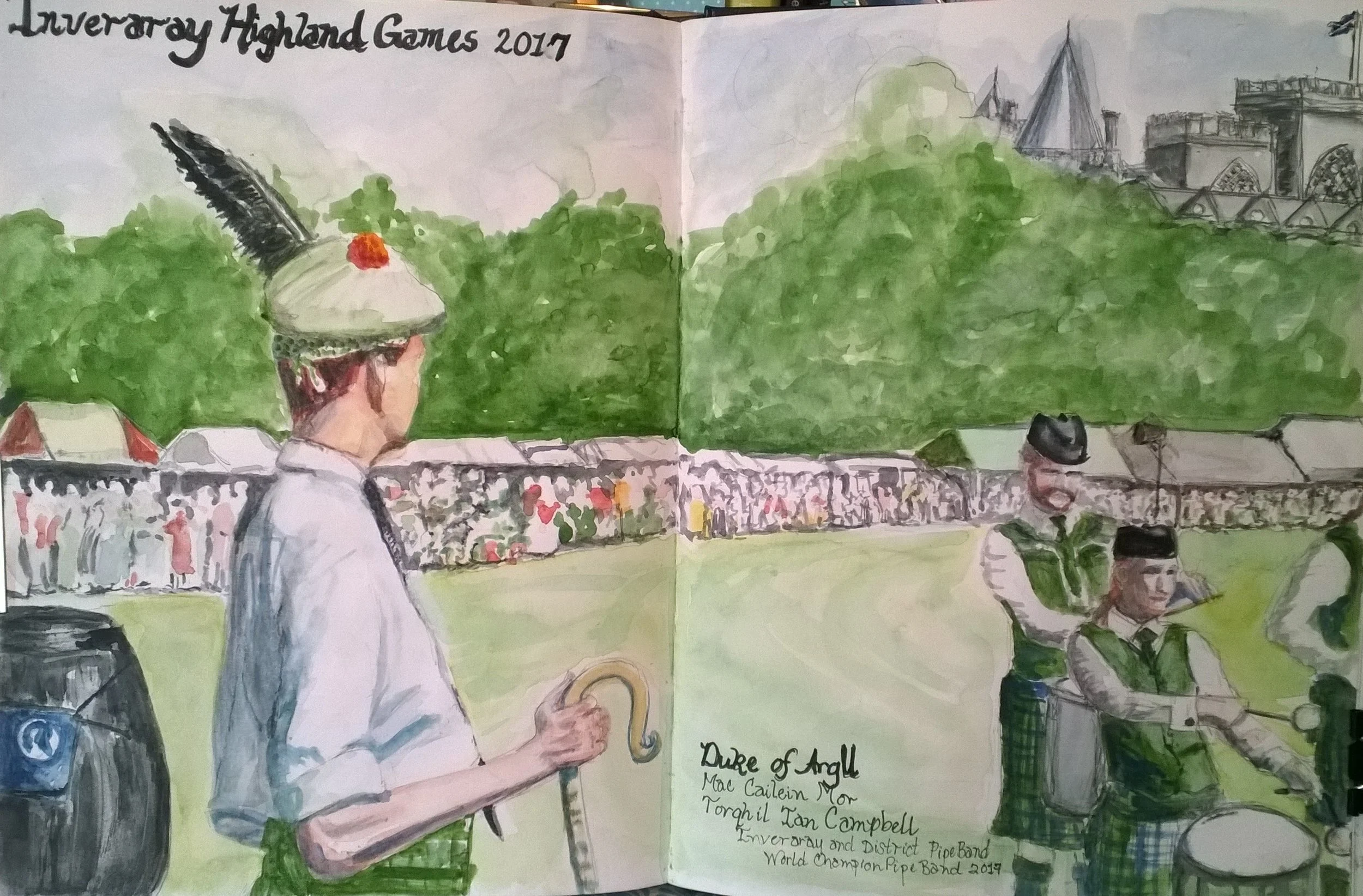 Inveraray Highland Games, Inveraray Castle, Scotland Tuesday, July 18, 2017, we awoke in Oban, dawned our best Highland attire and headed for Inveraray. We gathered in Church Square at the head of Inveraray's main street. Excited crowds were gathering for the arrival of His Grace, the Duke of Argyll, Chief of Clan Campbell, his family, and the Inveraray & District Pipe Band (2017 World Champion). Our host, His Grace, provided us with shortbread and wee drams of Clan Campbell Scotch Whiskey. We all had the honor of meeting the His Grace and his children. What a moment that was...unforgettable! We then fell in behind the pipe band, the Duke, and his three children, Lord Archie, Lord Rory, and Lady Charlotte. We paraded through town to the park on the grounds of Inveraray Castle. When we arrived at the park, we were special guest of His Grace, the Duke of Argyll, and were hosted in the Sponsors' Tent. There we met Her Grace, the Duchess of Argyll! The Inveraray Highland Games included several piping and highland dancing competitions, track and filed, heavy events, wrestling, cycling, and the World Champion Caber Championship. There were great food tents (I had a delicious venison burger), and vendors' tents with beautiful highland crafts. I joined the Friends of the Argyll Papers (which benefits the preservation of the Argyll Archives) at their tent. My Campbell Cousin, Marie, her husband, Don, and I took a second tour of Inveraray Castle. The guides gave us private access to the main rooms as we soaked in the gorgeous ambiance, and incredible history of our Clan Campbell castle! This day will always be remembered as a day of family, honor, and celebration for me! Thank you, Your Graces, Duke and Duchess of Argyll for one of the most amazing days of my life!