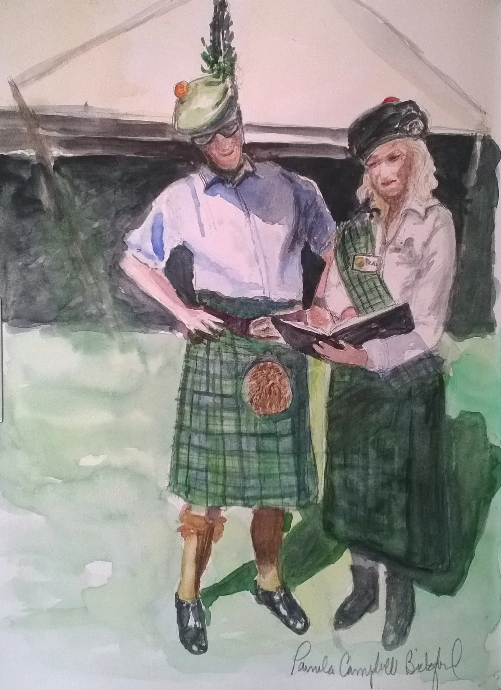 During the Inveraray Highland Games, I had the great honor to have another moment with His Grace, the 13th Duke of Argyll, when I was able to share with him my Scotland Sketchbook, and my family connection to Clan Campbell. The Duke graciously agreed to autograph my pages with the painting of Inveraray Castle! What a family treasure this book will be! How does one summarize in a few words over 800 years of the Campbell Clan and their Chiefs? It is challenging, but here is my best attempt! Surprisingly, the first Campbells were thought to be from England, in the kingdom of Strathclyde, sent to Scotland to protect the king's lands. The Campbell Chiefs take their Gaelic name, Mac Cailein Mor, from Colin Mor Campbell, who died in 1296 in a dispute with the MadDougalls of Lorne. His son, Sir Neil Campbell was friend and brother-n-law of King Robert the Bruce. Sir Neil's son, Sir Colin Campbell was rewarded by Robert the Bruce with land in the Western Highlands, and soon became the most powerful family in this area of Scotland. Down through the centuries, the Clan Campbell Chiefs, descending from knights, were given additional lands and titles of Earl of Argyll, to ColinCampbell in 1477, then to duke with Archibald Campbell, 10th Earl and 1st Duke of Argyll down to our present day Torquhil Campbell, 13th Duke of Argyll born 1968. In American terms, he is the patriarch of my extended Campbell family!