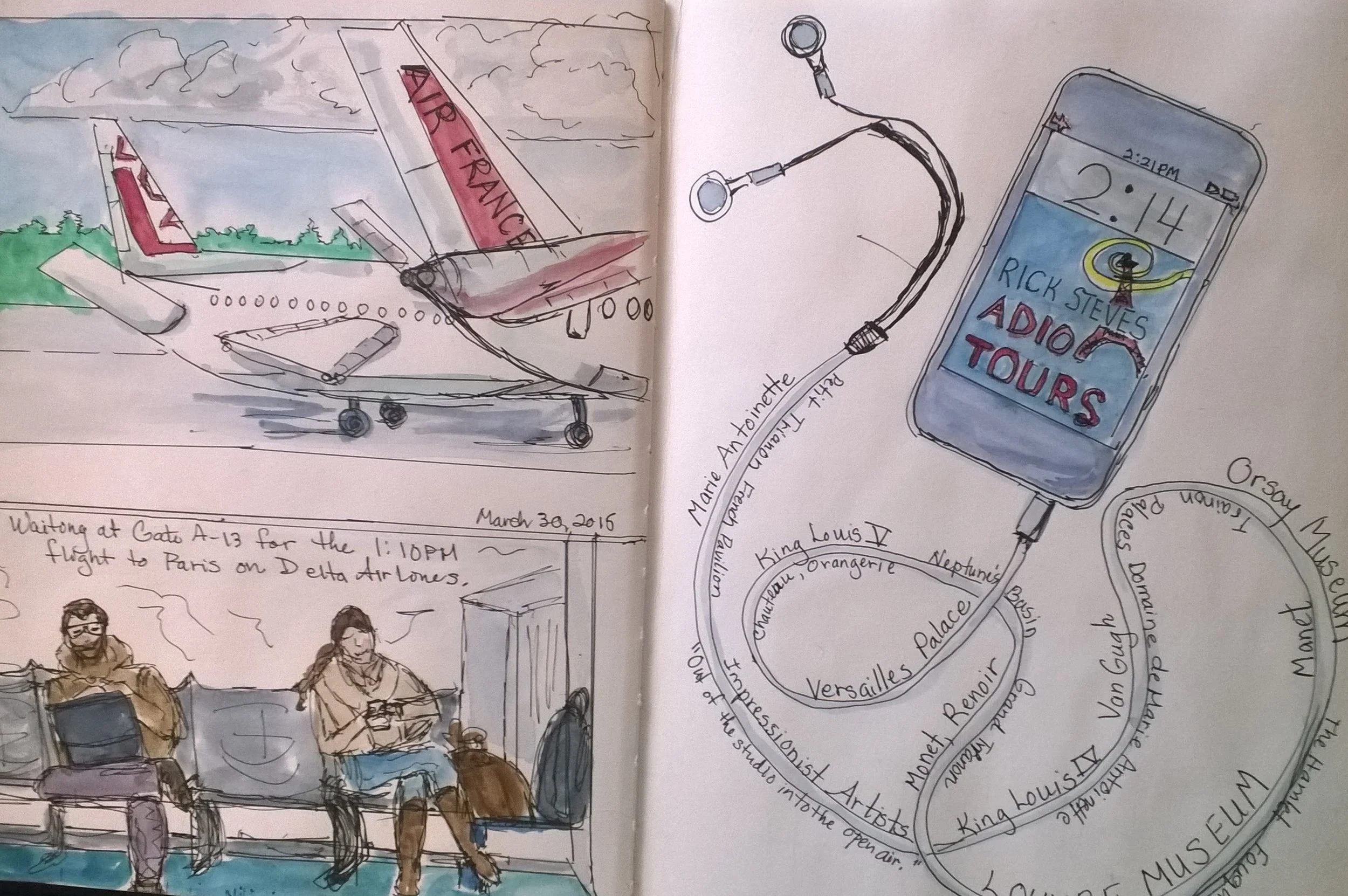 Seattle to Pairs So excited to get on the plane to fly to Paris and create my first travel sketchbook! The sketch on the left I did while waiting to board after getting to SeaTac airport very early! On board the flight, I practiced French and listedned to podcasts from Rick Steves Travel website on the history of Paris, and guided tours through the Louvre and Versailles, and did this sketch. Most of the sketches I will be sharing with you I did after I got home from photos, because of the pace of our touring didn't allow for sitting and sketching very often. Here and there, I found time to do sketching while traveling, and I'll make note of those. I hope you enjoy traveling with me as I revisit Paris in my blog posts!