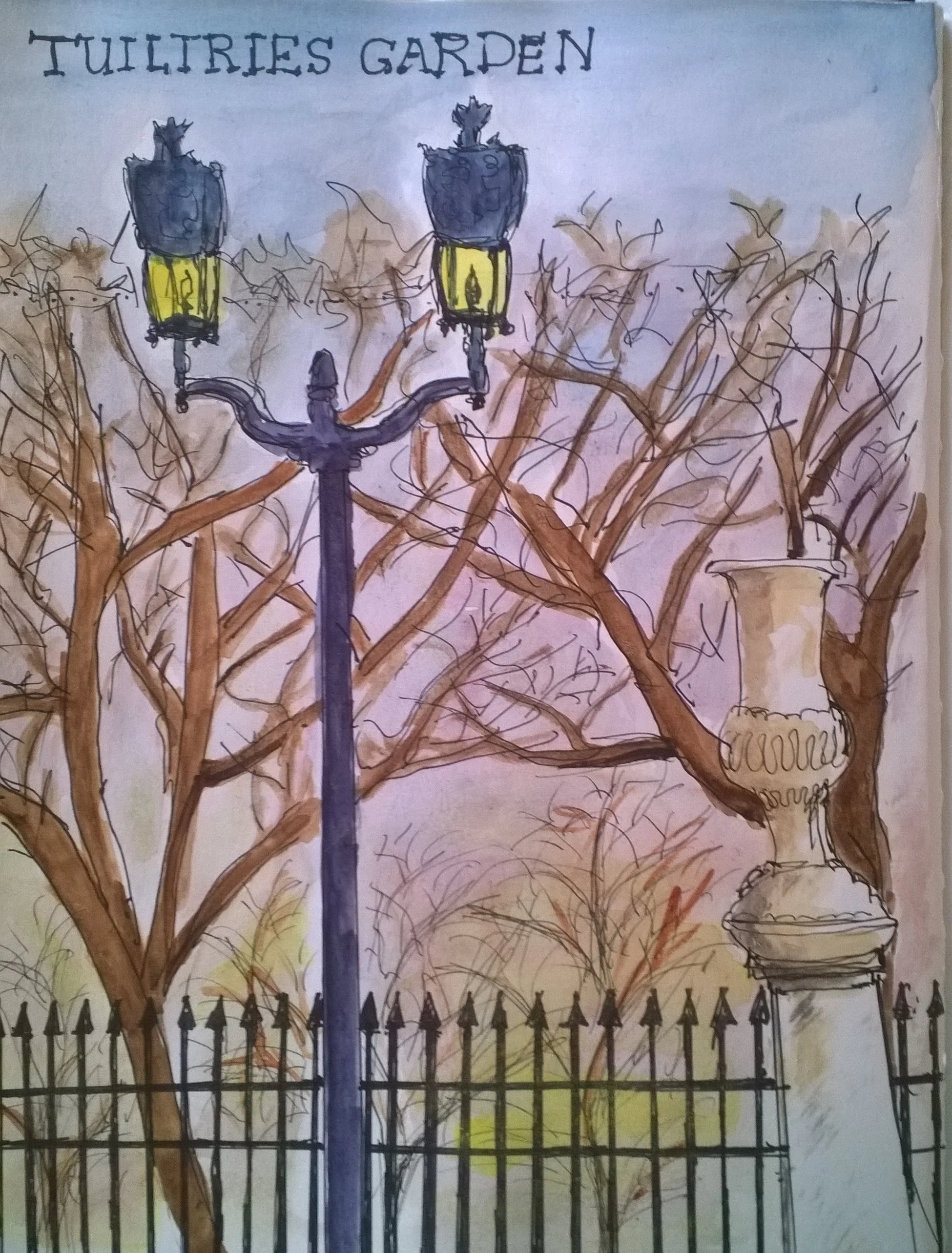 Tuilleres Garden I woke up at 4 AM after the fisrt day in Paris. Jet lag, excitement, whatever, I don't know, so I got out my sketchbook and paints, and sat on the edge of the bath tub(so I wouldn't wake my husband) and started sketching in ink, then painted. Let's say it shows excuberance! We had taken the metro to the Tuilleres Garden to start our first day in Paris after arriving that morning. No rest, straight to getting to know the City of Lights! The Jardin des Tuileries was built in 1564, by Queen Catherine des Medici, at the Tuillerie Palace, five years after the death of her husband, Henry II. In 1667, it was first opened for public viewing. In the last two centureies it has been open to the public for relaxation, walking, and entertainment. My favoroites were the sculptures, trees and the ornate lamps seen all over Paris. So beautiful!