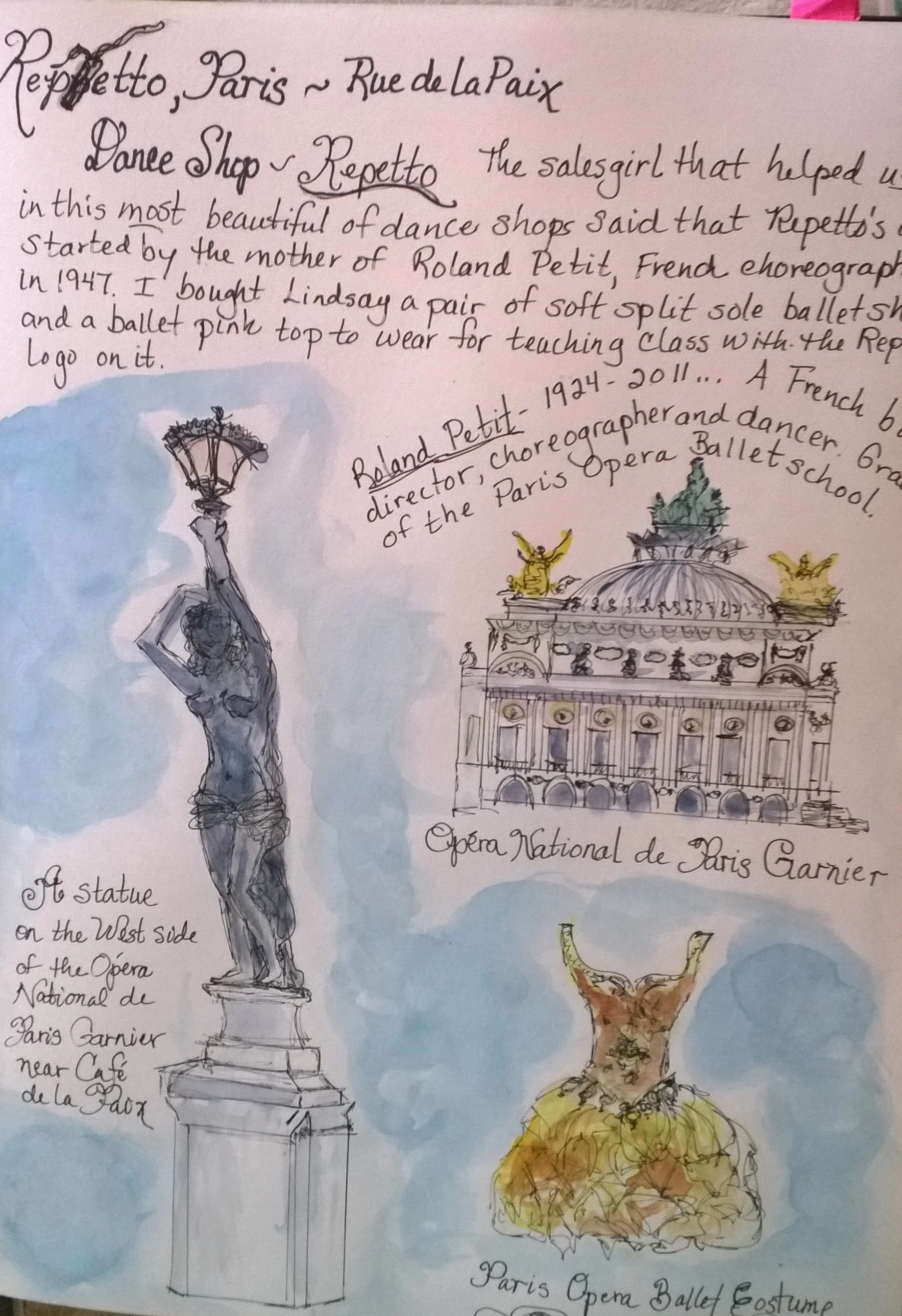 After visiting the Repetto Ballet Shop, we walked on past the Cafe de la Paix where those who love opera and ballet gather for after performance socializing, to the amazingly grand Opera National de Paris Garnier! The architecture is amazing and the interior is opulent, to say the least, and as magical as a fairy tale! After ascending the grand staircase, we got to take a peak into the auditorium's intircate balconies. The stage crew was in the midst of a tech rehearsal so the lights were down, but what we could see was increidble! This is the home of the Paris Opera Ballet and many of the spectacular costumes are on display here in glass cases in the public areas of the opera house. They were so beautiful and fantastically detailed. Some of the backstage areas are open for viewing including the libraries of operas, choreiographer and designer's notes. If you love opera, ballet, architecture, you must see this when you go to Paris!