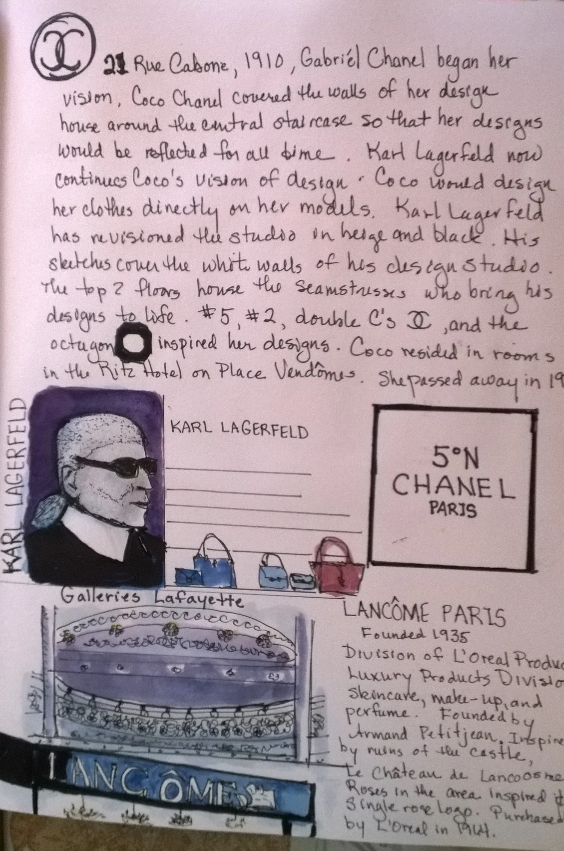 Founding designer, Coco Chanel, and Karl Lagerfeld, who is the current head designer for the House of Chanel have always been intriguing to me. The classic, clean lines, feminie colors, and pearls and chains have been a staple of these designers palette for the clothes of Chanel. In the Galleria Lafayette's main floor I fould a large photo of Karl Lagerfeld hanging in the Chanel handbag display. The stain glass ceiling of the Galleria is a rainbow of colorss shining in an open atrium of several stories of balconies overlooking a main floor of makeup boutiques, including that of Lansome Paris. Lancome Paris, another favorite, after being gifted some Lancome makeup for a friends' wedding many years ago. This place was a delight to my sense of color and design! An expected bonus was the amazing view of the Paris skyline from the rooftop deck! The Paris Opera in close proximity and the Eiffel Tower in the distance made even more spectacular by a brisk April wind and stormy sky!