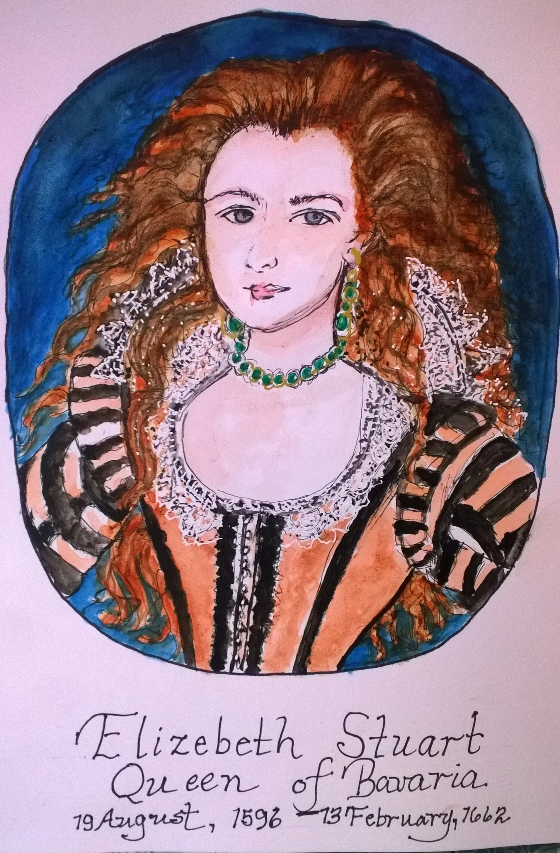 Here she is, Elizabeth Stuart, Queen of Barvaria , (1596-1662), becase queen when her husband, Frederick V was elected as King of Bavaria in 1619 and he was defeated in battke at the beginning of the 30 Year War at the start of the Reformation in 1620. Elizabeth Stuart was gifted the glorious gate at Heidelberg Castle as a birhtday present for his beloved wife. She was the granddaughter of Mary, Queen of Scots, and daughter of James I of England (James VI of Scotland). Elizabeth and Frederick V of Bavaria were married to each other at the young age of 16, February 14, 1613 in London, stayed in England 2 months, then headed to the Electoral Court of Heidelberg in 1613. The couple had 13 children, and when Frederick died at age 38 of fever, Elizabeth was devastated. She was exiled to the Hague, then returned to England in 1661, and died of pneumonia in 1662. What a life story of a princess of both Scotland and England, then Queen of Bavaria! 
