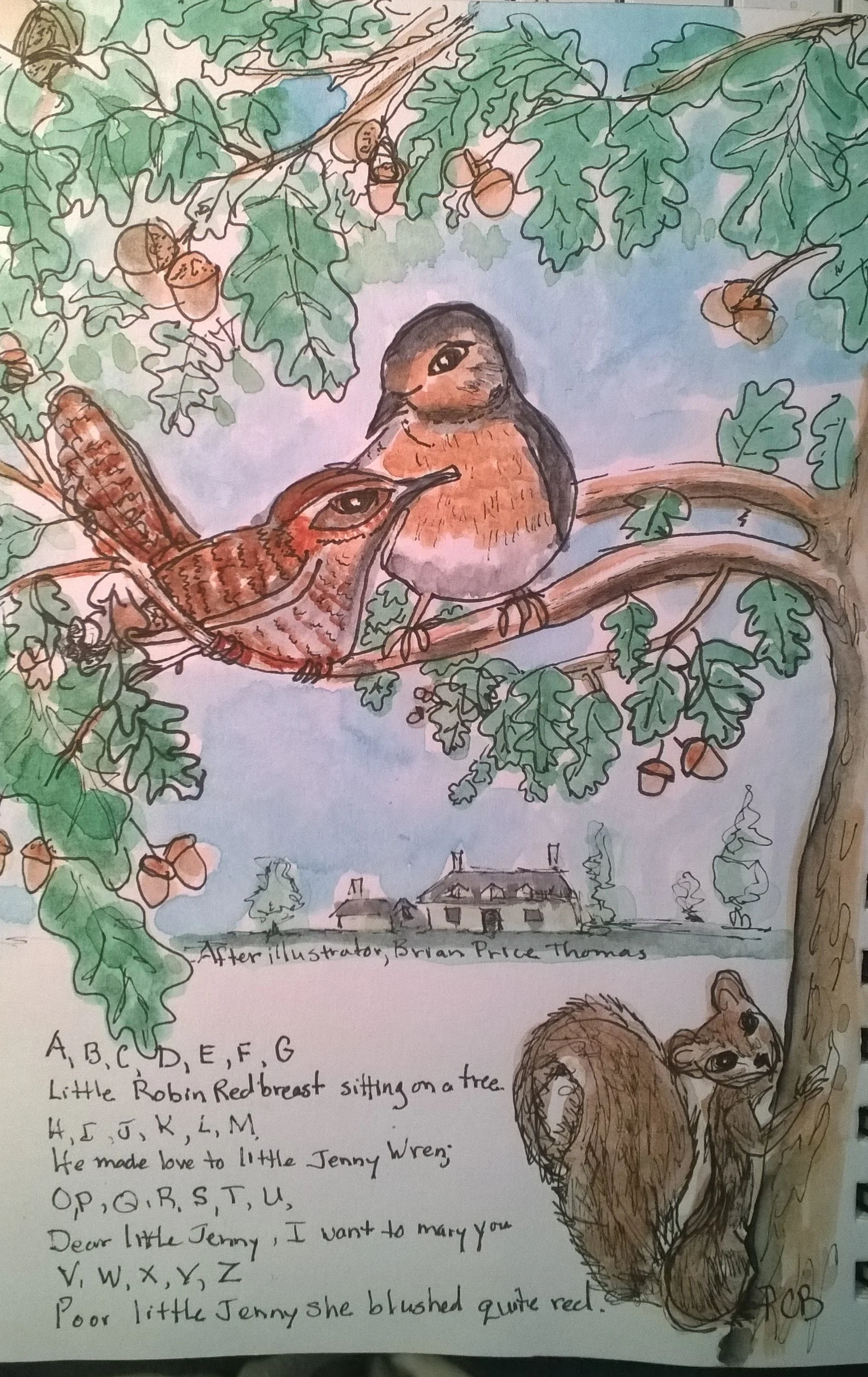A little study I painted in my sketchbook of a piece by illustrator Brian Price Thomas, from the book My Honey Bear’s Book of Rhymes.