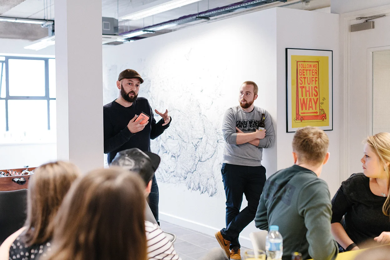 Jamie Gallagher from Hello with Sam Edwards from Taxi Studio talking through work process.