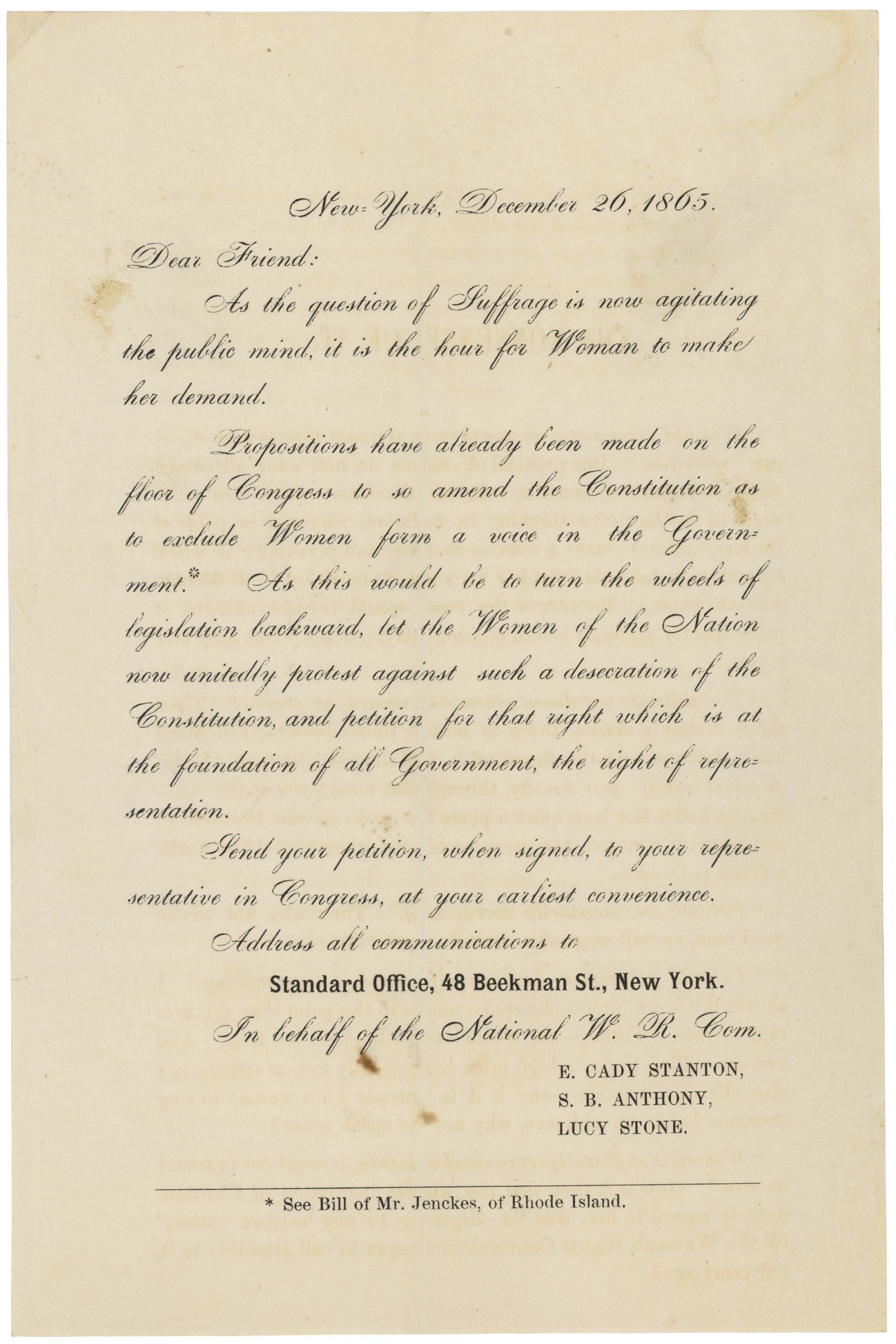   Form Letter from E. Cady Stanton, Susan B. Anthony, and Lucy Stone  