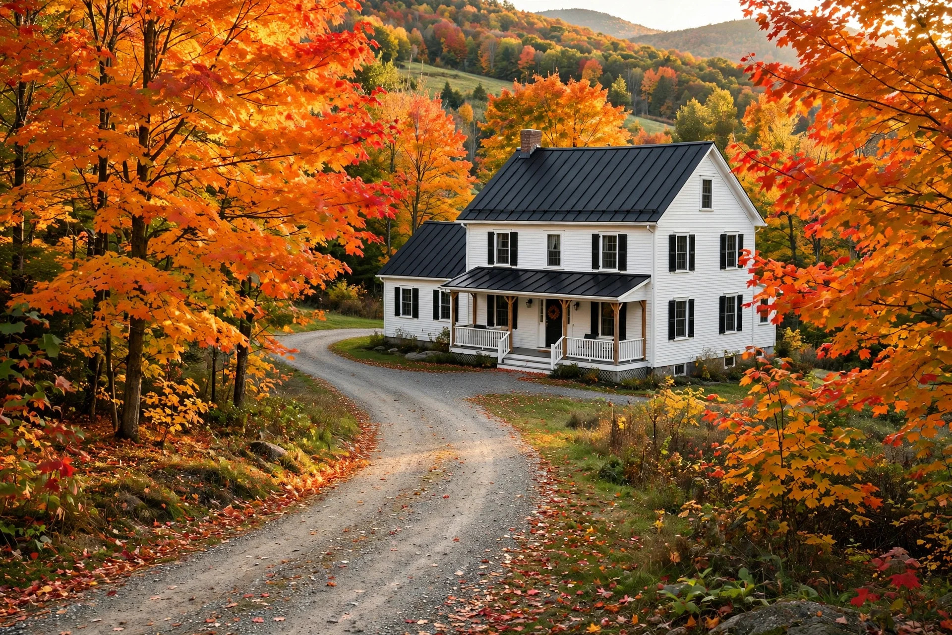 White clapboard Vermont farmhouse in autumn foliage