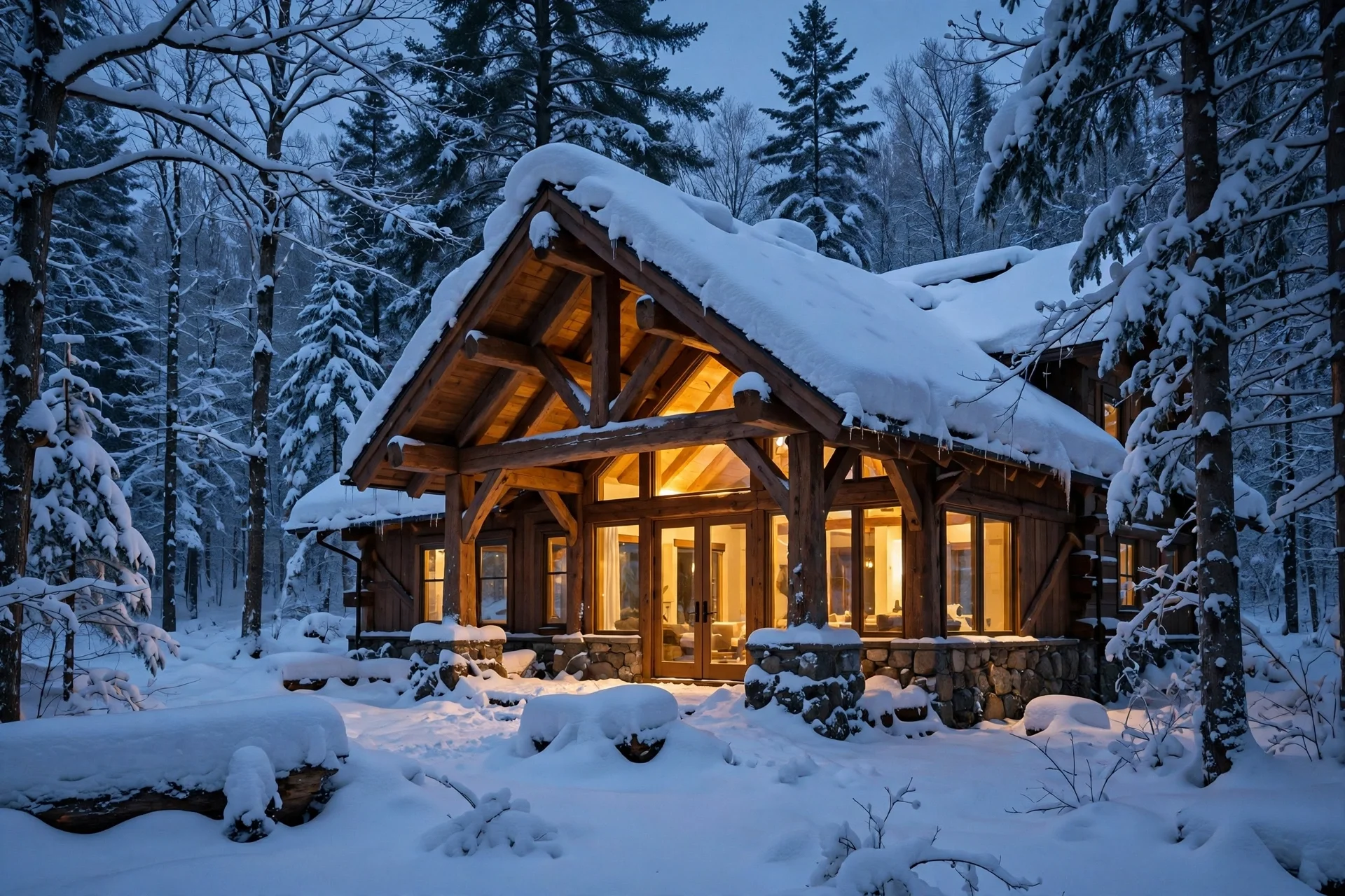 Timber-frame cabin in snow at blue hour