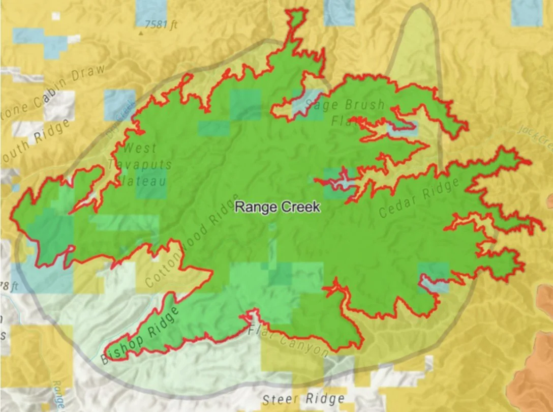 Map of Utah's Range Creek HMA showing the current HMA boundaries vs. original Herd Area boundaries.