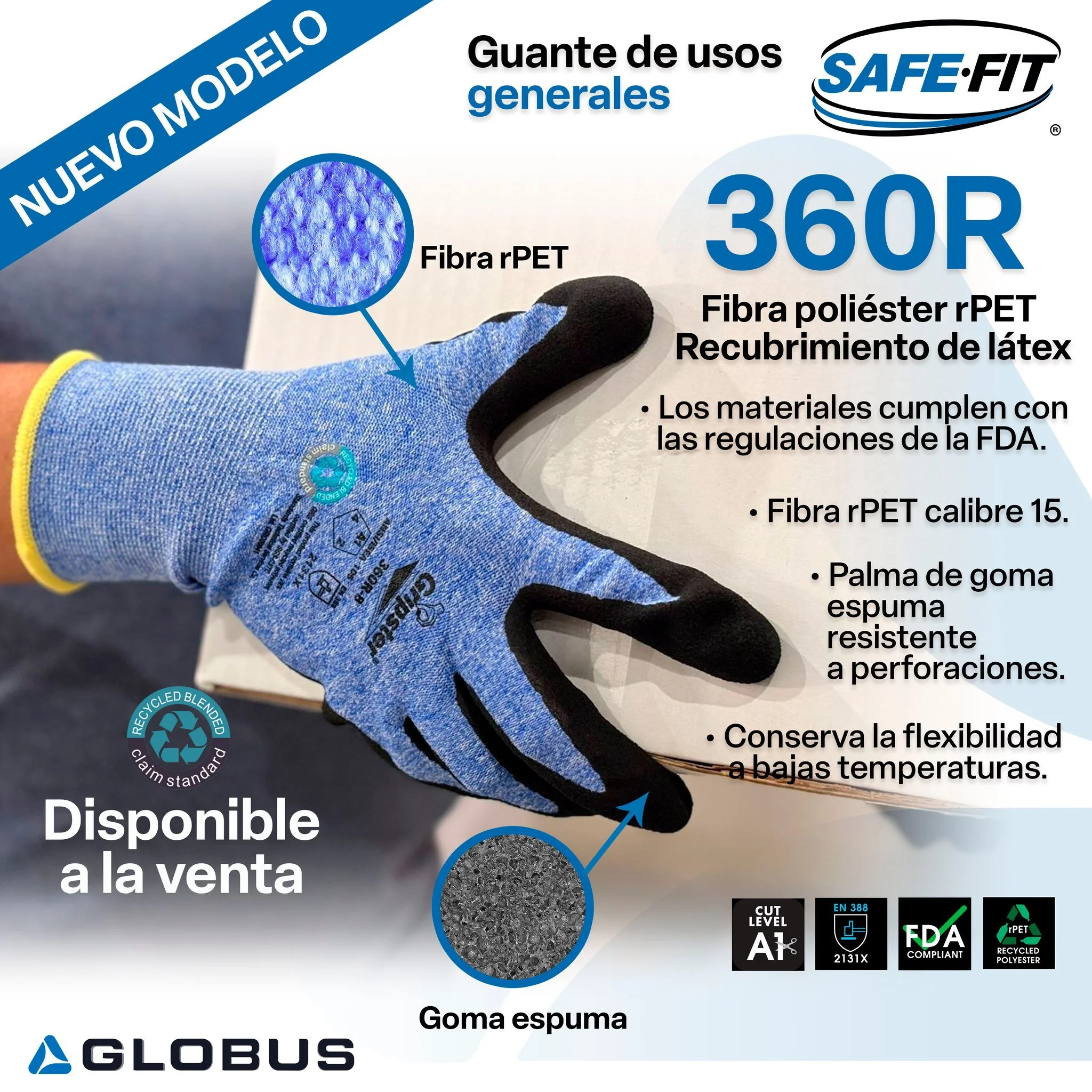 🌱 Guantes de uso general hechos con rPET, utilizando pl&aacute;stico reciclado para reducir el impacto ambiental.
Ofrecen excelente agarre, flexibilidad en bajas temperaturas y una palma de goma espuma resistente a perforaciones.

✔ Certificados EN 