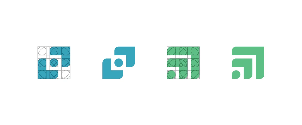 Compass needle symbol, GPS/Wifi signal symbol constructed from original Plansmith logo grid.