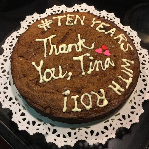 Umme made a gluten-free brownie cake for Tina's achievement festivities.
