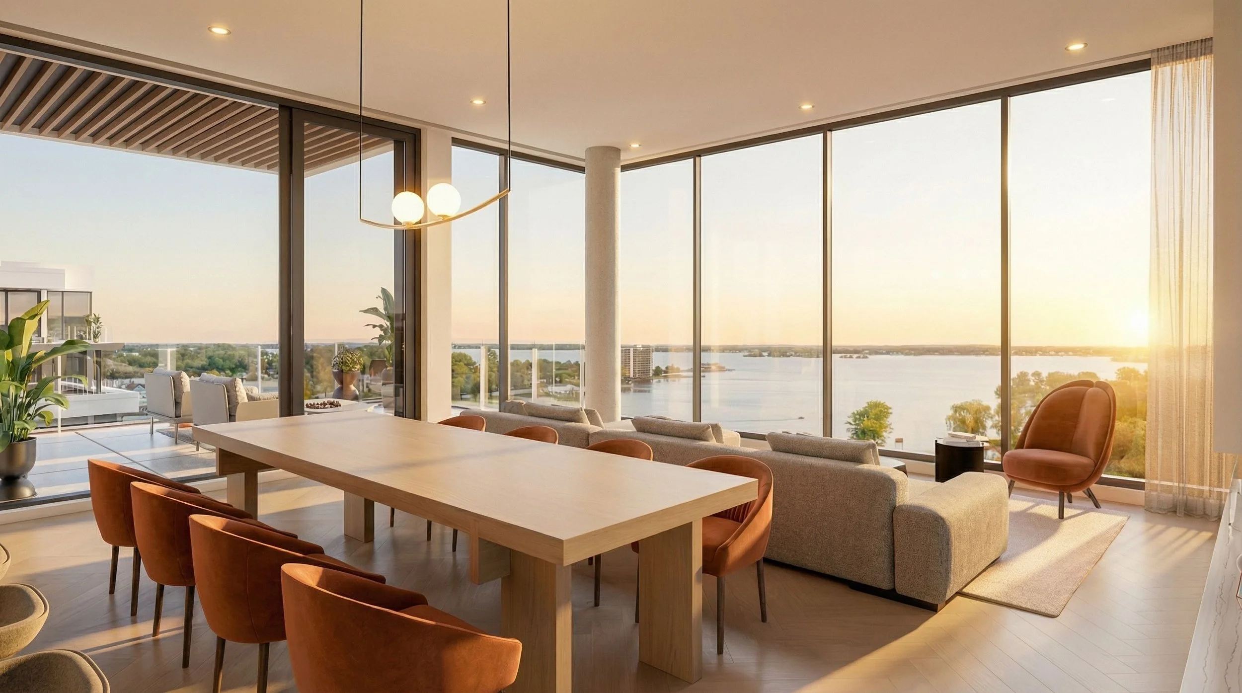 a modern condo interior, chevron light wood flooring, fabric on chairs is mohair solid colour. remov.jpeg