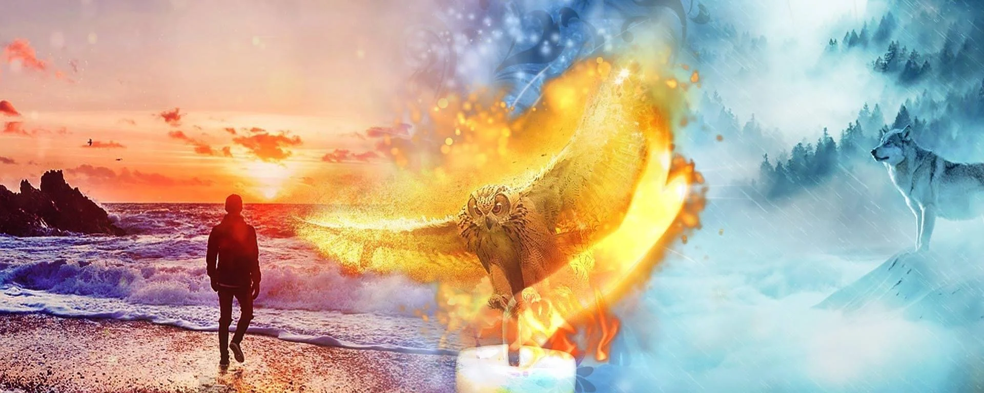 A composite digital artwork depicting a person walking on a beach at sunset with a fiery eagle and a snowy mountain landscape with wolves.