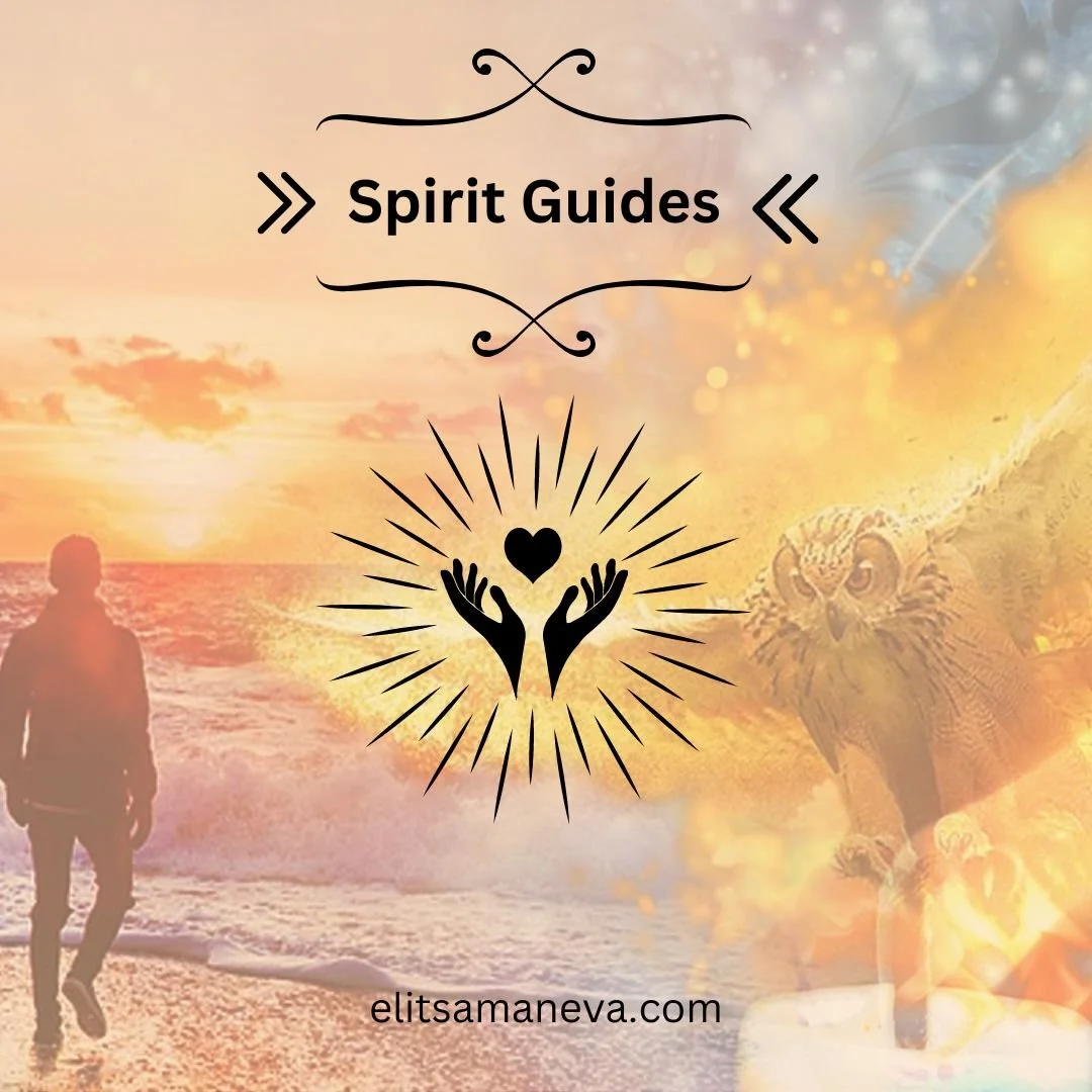 A beach at sunset with a silhouette of a person walking along the shore, a large owl on the right, and a spiritual emblem with hands and a heart in the center, overlaid with the text 'Spirit Guides' and a website URL.