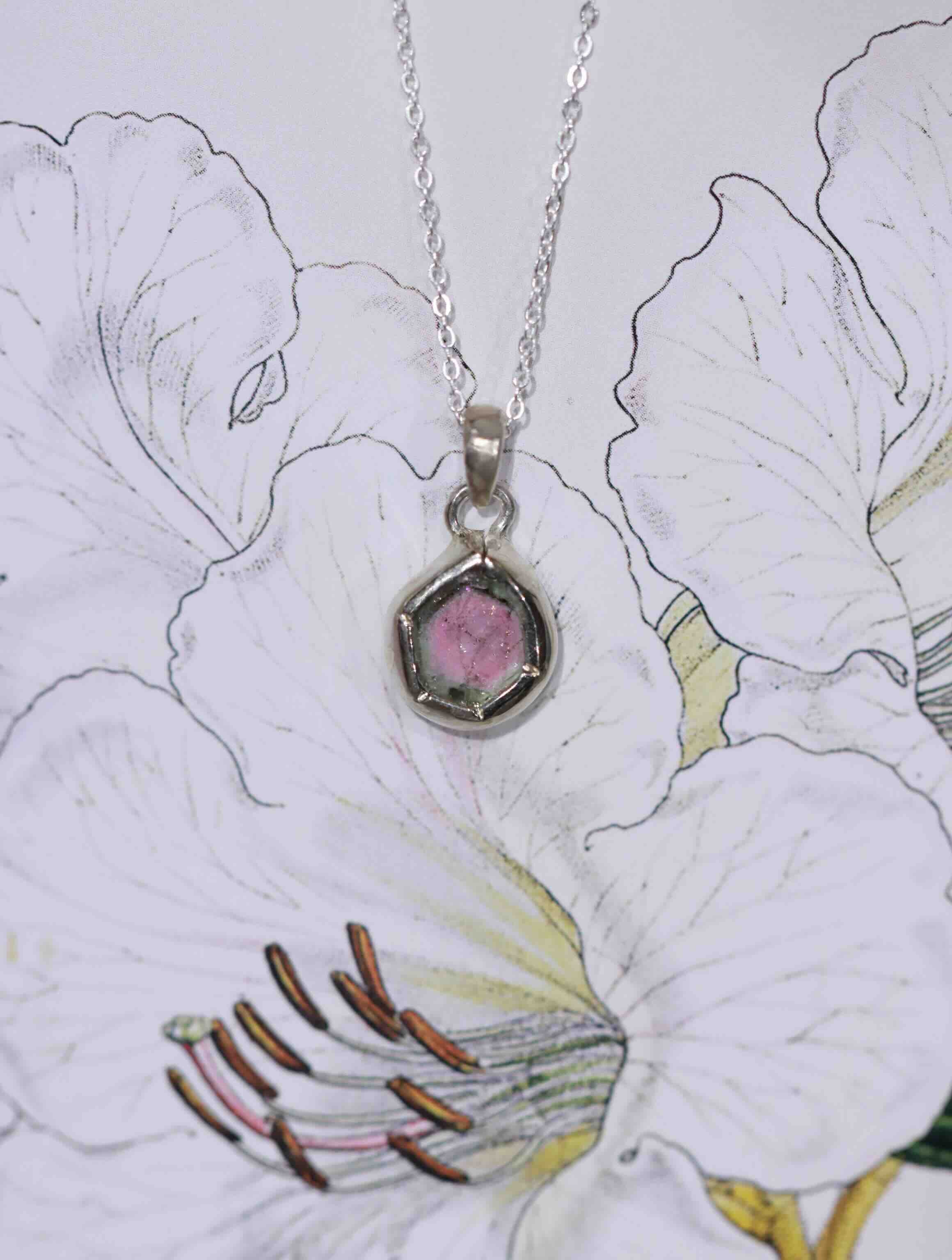 Pendentif Tourmaline melon d'eau & Argent 925 - Se faire confiance et aimer