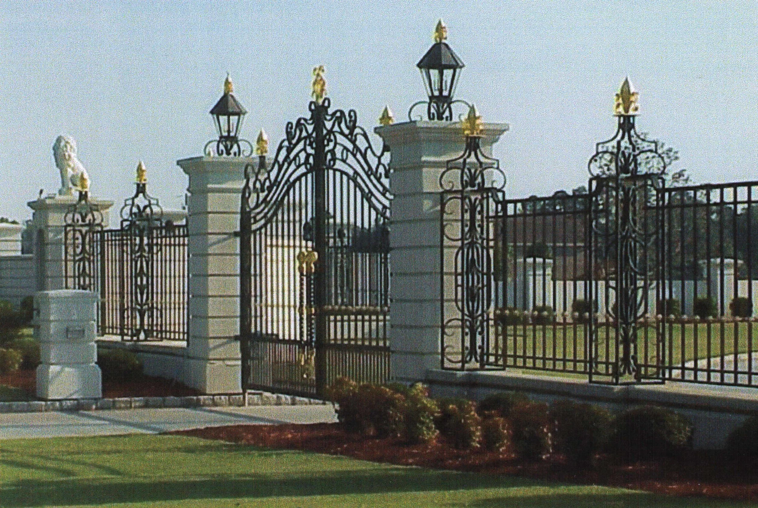 ornate driveway fencing and gate with gold leaf
