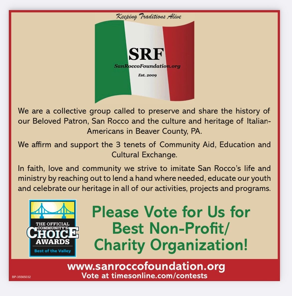 One week left 🇮🇹🇮🇹 ✔️✔️
Vote NOW! Vote daily and tell your friends 

LINK:  https://timesonline.gannettcontests.com/2023-Best-of-the-Valley/gallery?group=454291
 🇮🇹🇮🇹🇮🇹We are under SERVICES - Best Non-Profit