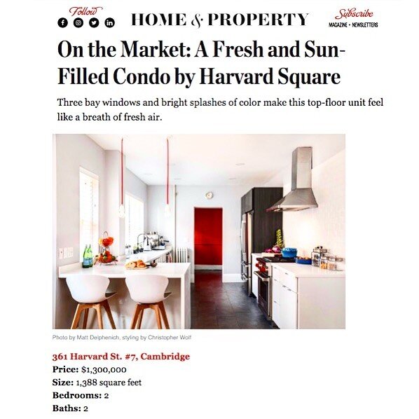 Our Coming Soon listing as featured on @bostonmagazine today. Thanks for the lovely write up about 361 Harvard Street, Unit 7, Cambridge. For more details visit 361HarvardStreet.com or reach out to us directly.
