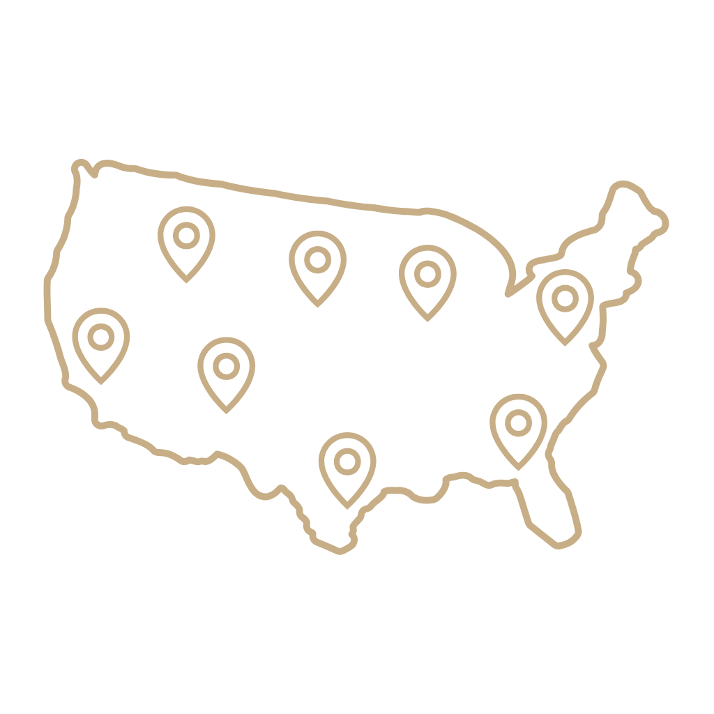 Outline map of the United States with eight location markers inside the country