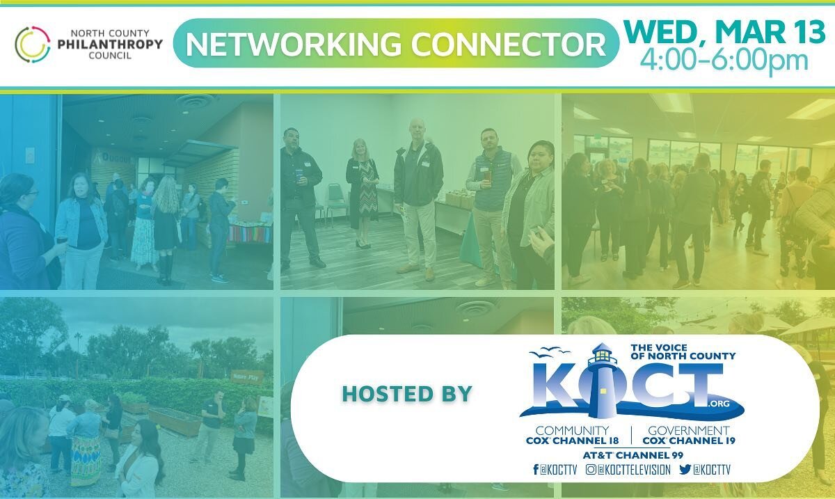 Tomorrow at KOCT Television from 4pm to 6pm, attend @nc_philanthropy&rsquo;s Networking Connector to learn from industry leaders how to take your organization to the next level! Visit our link kin bio to register today!
.
.
#NorthCountySD #northcount