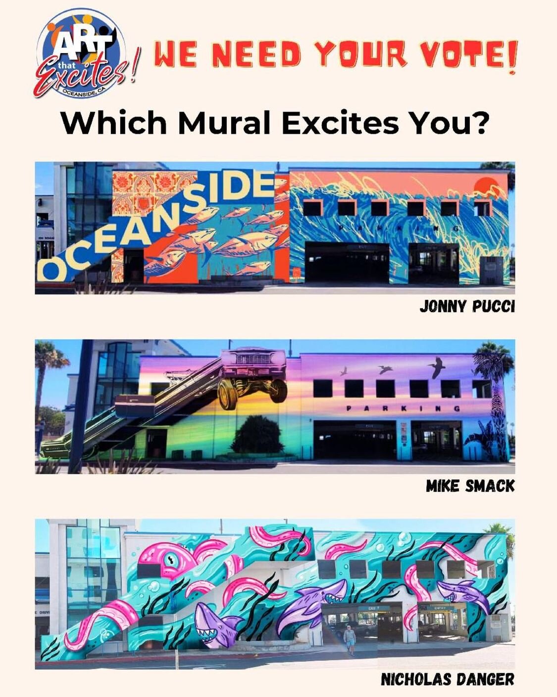 The latest public vote for Art That Excites is now open! Be sure to place your vote for which design will soon grace Oceanside&rsquo;s North County Transit District Parking Structure!
.
Head over to @mainstreetoceanside's official website at mainstre