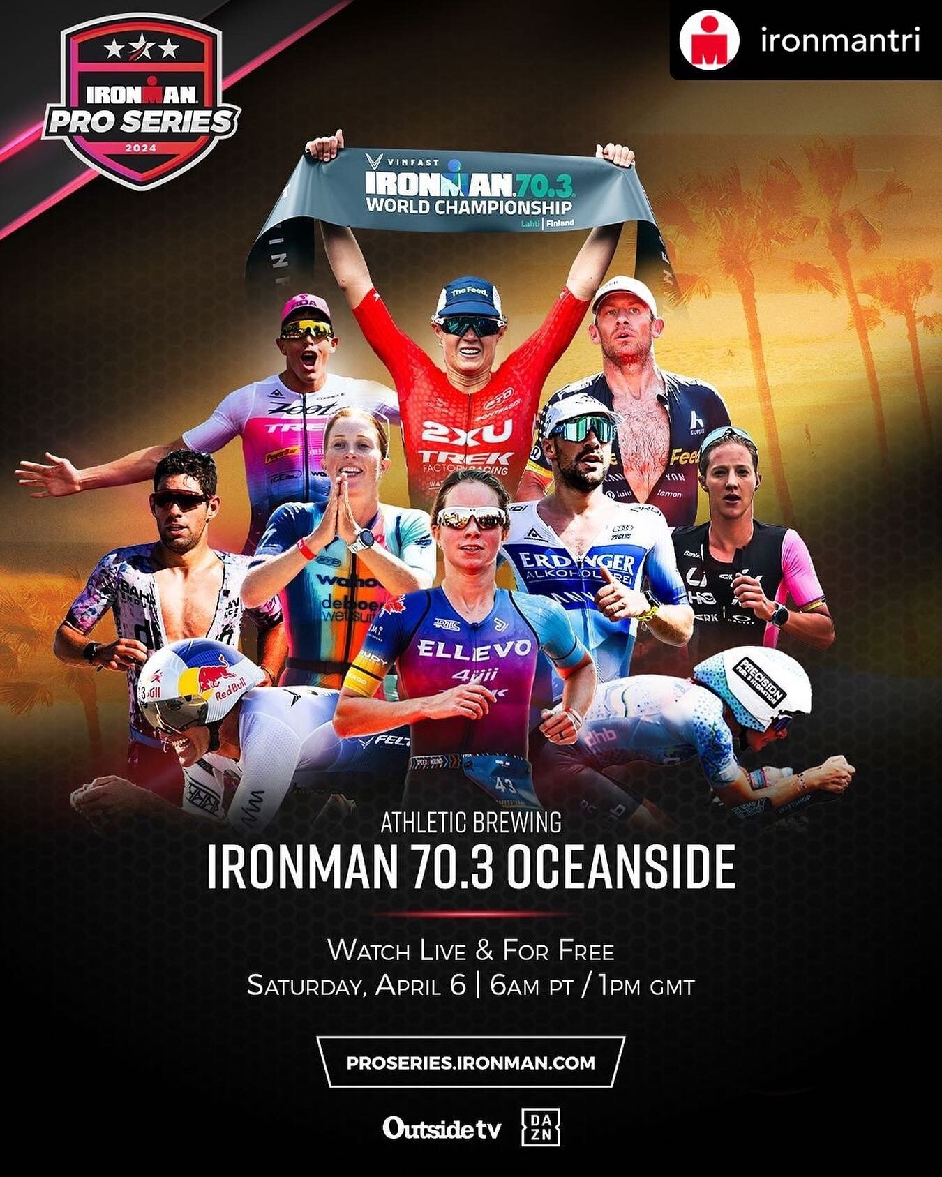 Just 3 days until @ironmantri returns to Oceanside! If you&rsquo;re not able to watch the action live from the beach, you can do so for Free at proseries.ironman.com from the comfort of home this Saturday, April 6, 2024! 
.
.
#ironmantri #ironman #oc