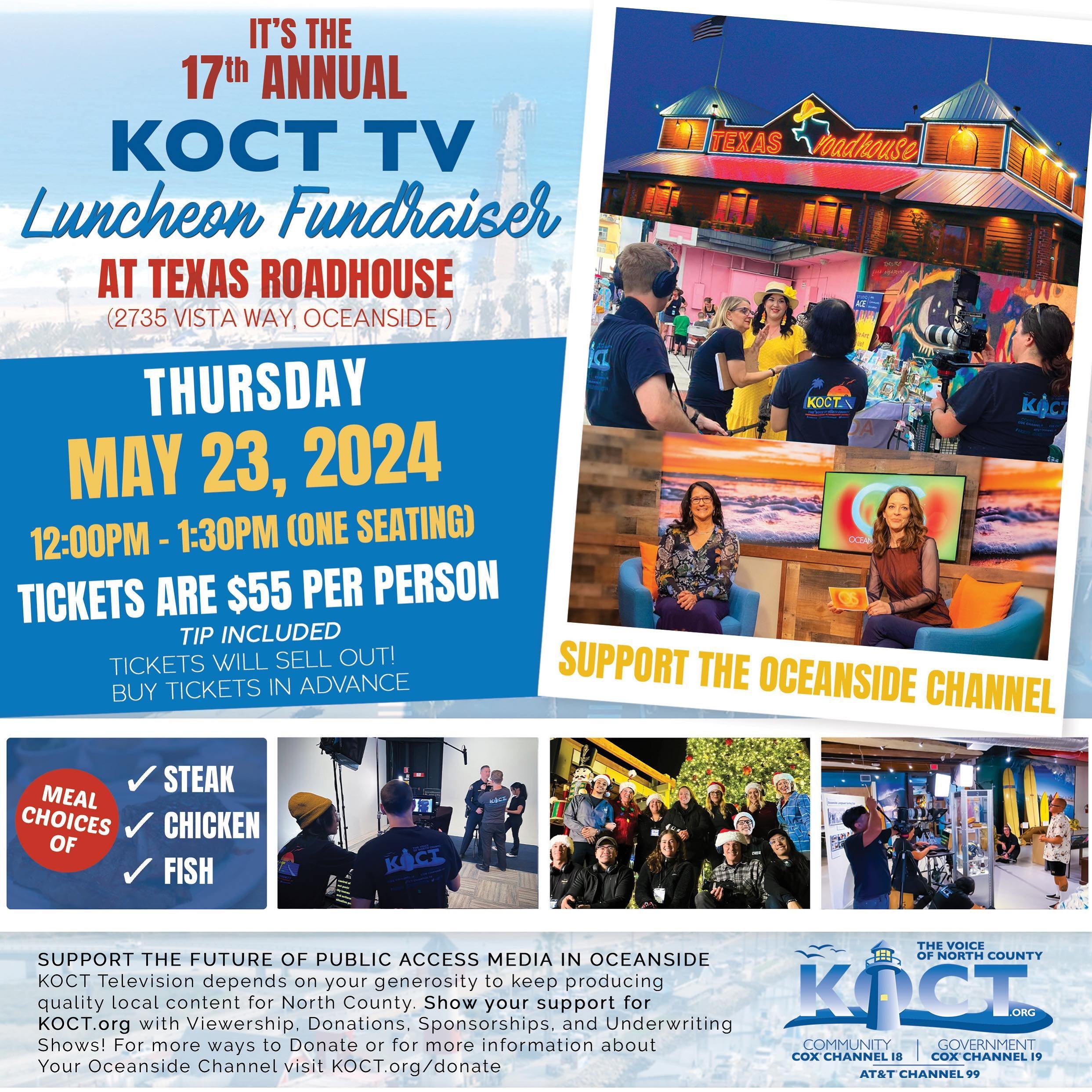 Support Public Access Media in Oceanside with the 17th Annual KOCT Television Luncheon Fundraiser! Save the Date for Thursday, May 23rd at Texas Roadhouse for great food and community! Visit our link in bio for tickets!
.
.
#texasroadhouse #koct #oce