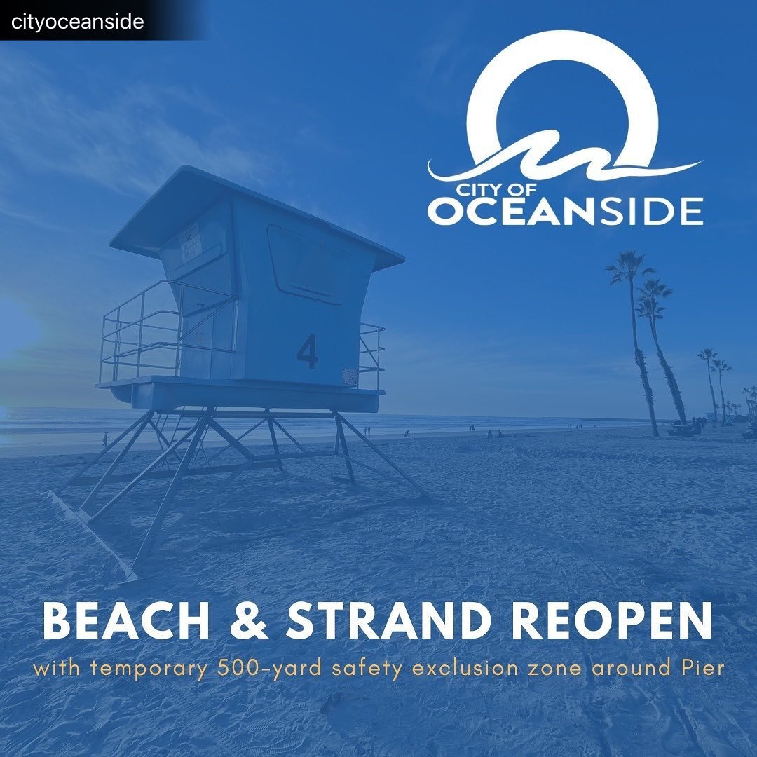 Repost &bull; @cityoceanside 
.
4/27/24:  After testing the Oceanside Pier-area water quality, the water contact closure has been lifted as of 9:00 p.m.  The beach and Strand from Surfrider to Tyson Street are open, with the exception of a 500-yard z