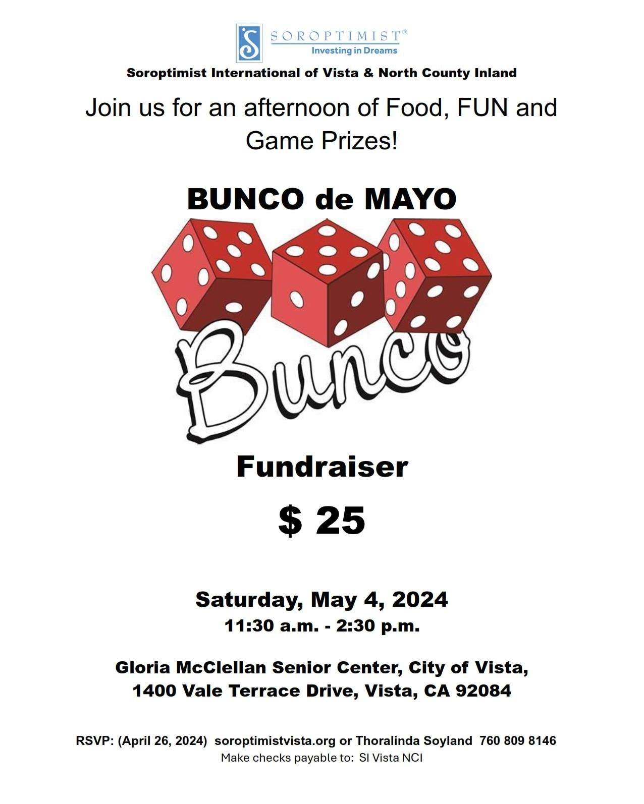 Soroptimist International of Vista and North County Inland is Throwing their BUNCO de MAYO Fundraiser this Saturday, May 4th from 11:30am - 2:30pm! You can support by reserving your tickets now at www.soroptimistvista.org 👀
.
.
#BuncoDeMayo #Soropti