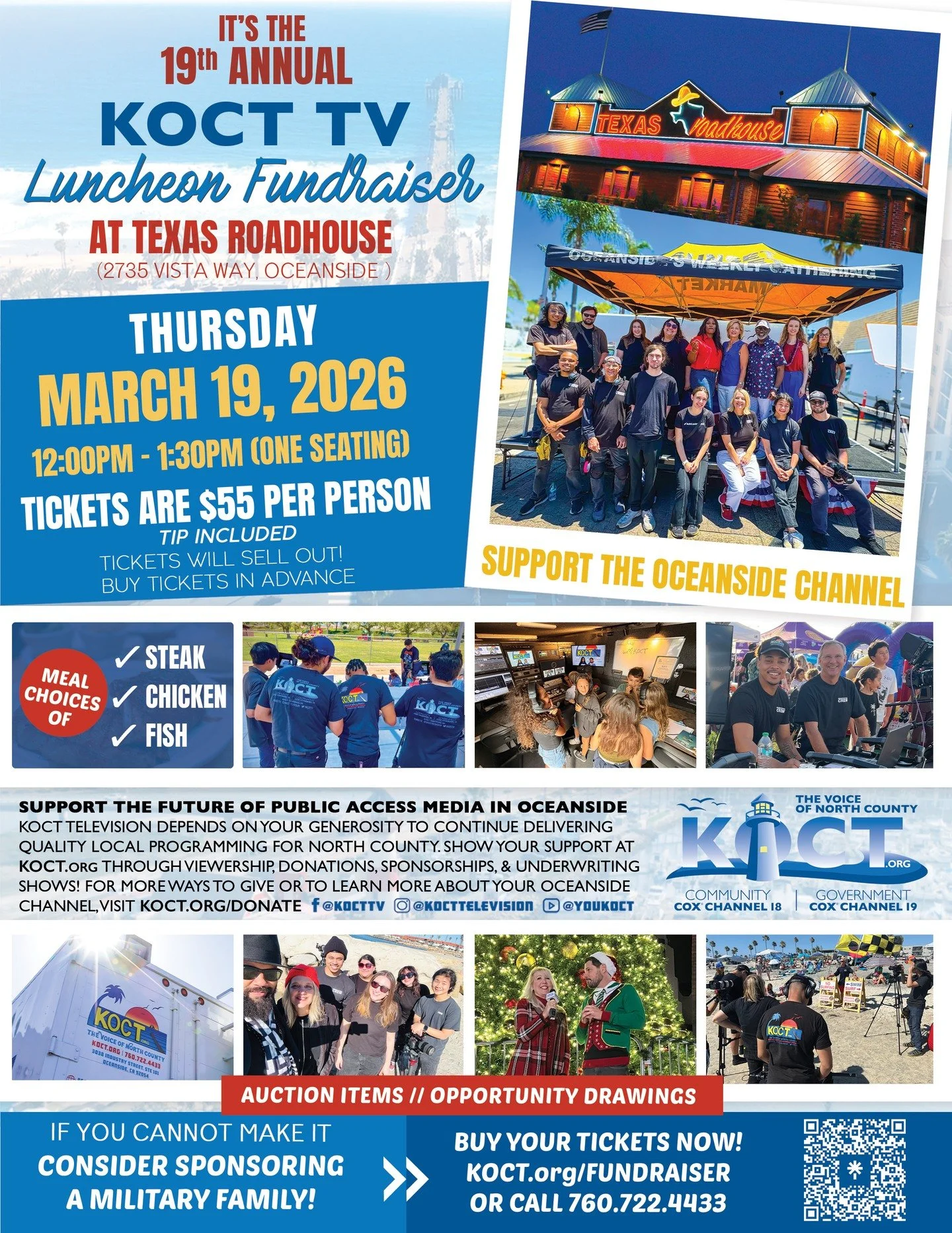 Team KOCT Invites You to Support the Future of Public Access Media in Oceanside at the 19th Annual KOCT TV Luncheon Fundraiser! Save the Date and Join the Community at Texas Roadhouse on Thursday, March 19th from 12:00pm - 1:30pm for a Great Meal, Ex