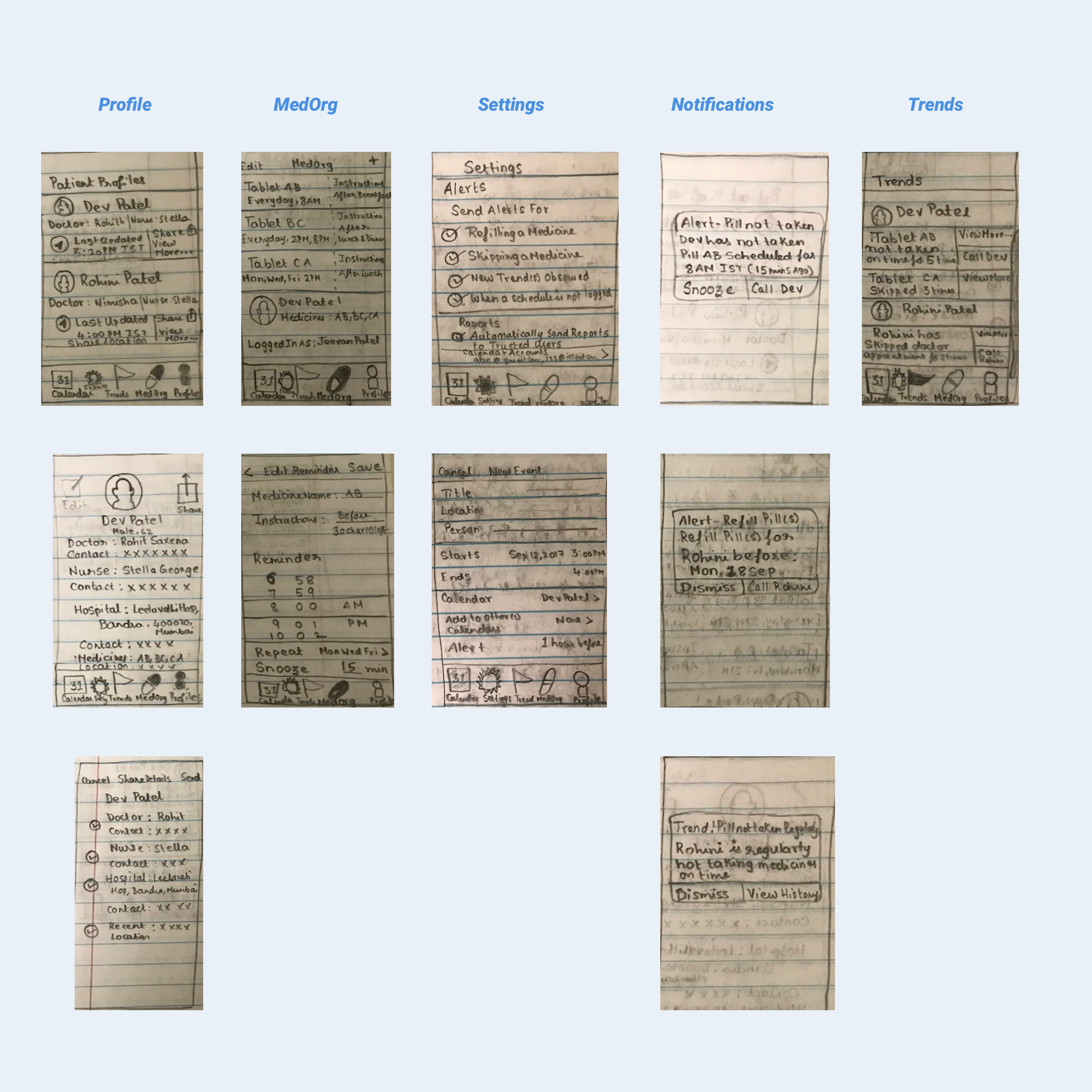 Sketches of Screens for Medminder App