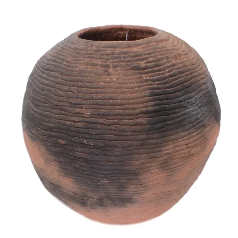 Large Ribbed Terracotta Round Vase