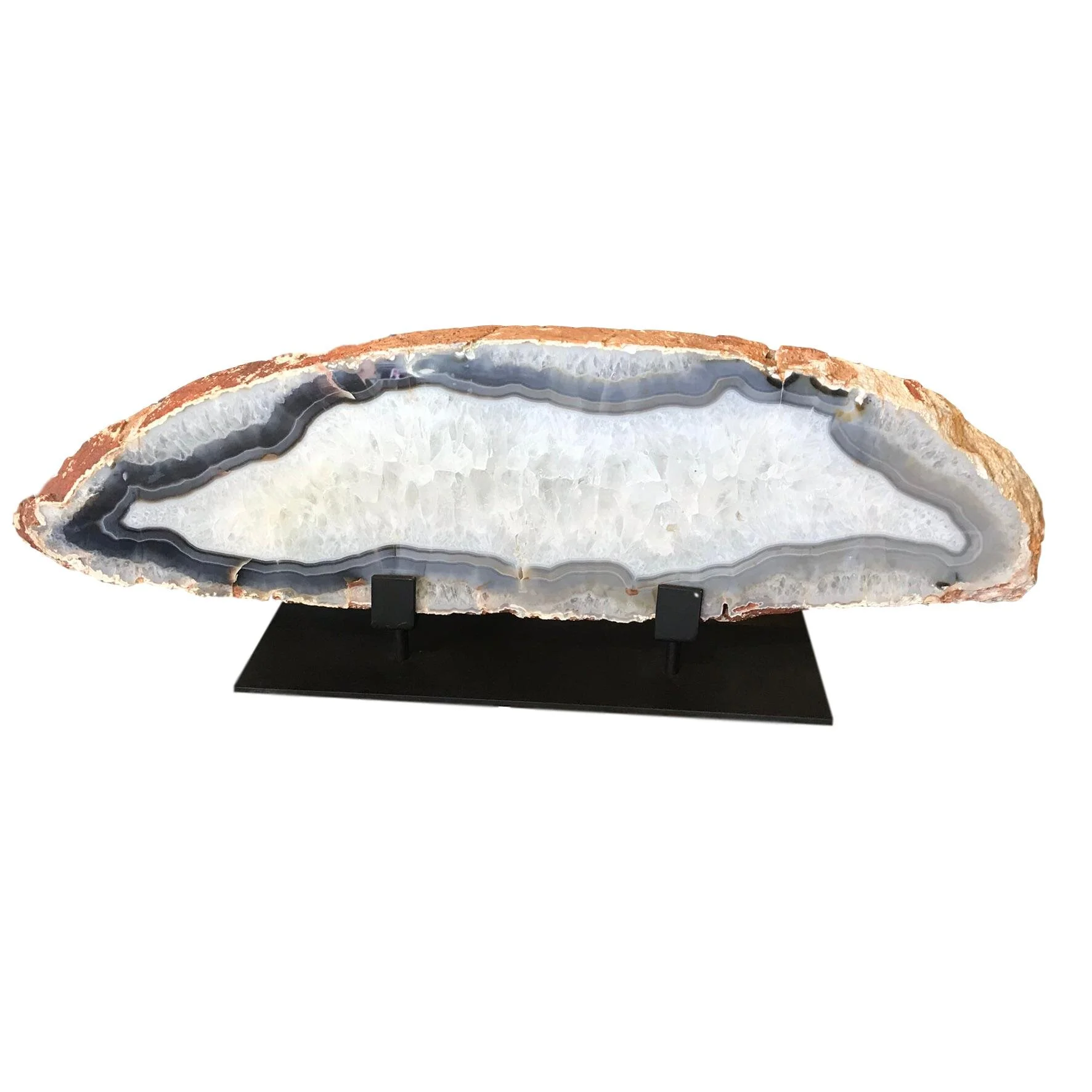 Large Elliptical Banded Agate Slice on Black Iron Stand