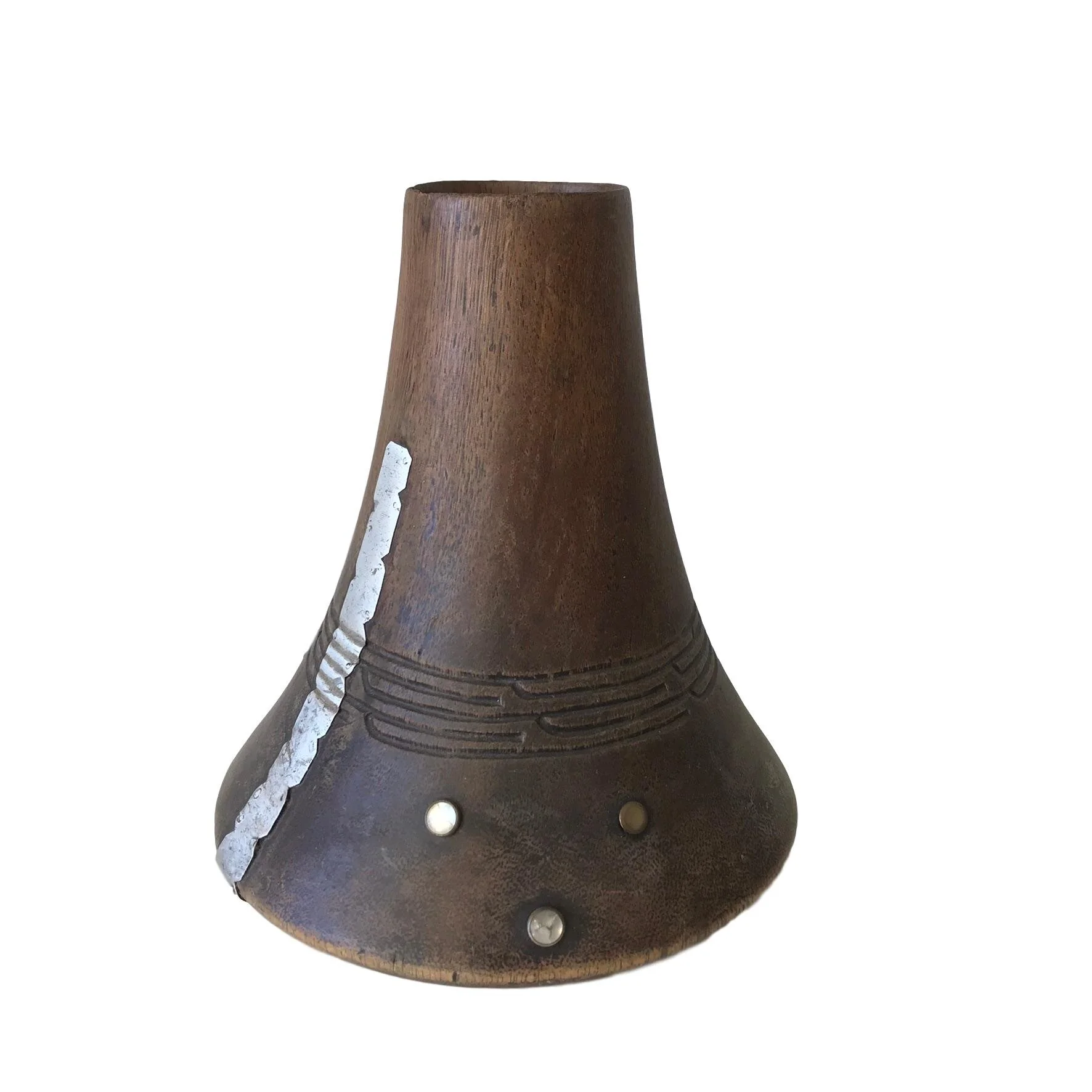 Carved Wood, Metal and Mother of Pearl Vase